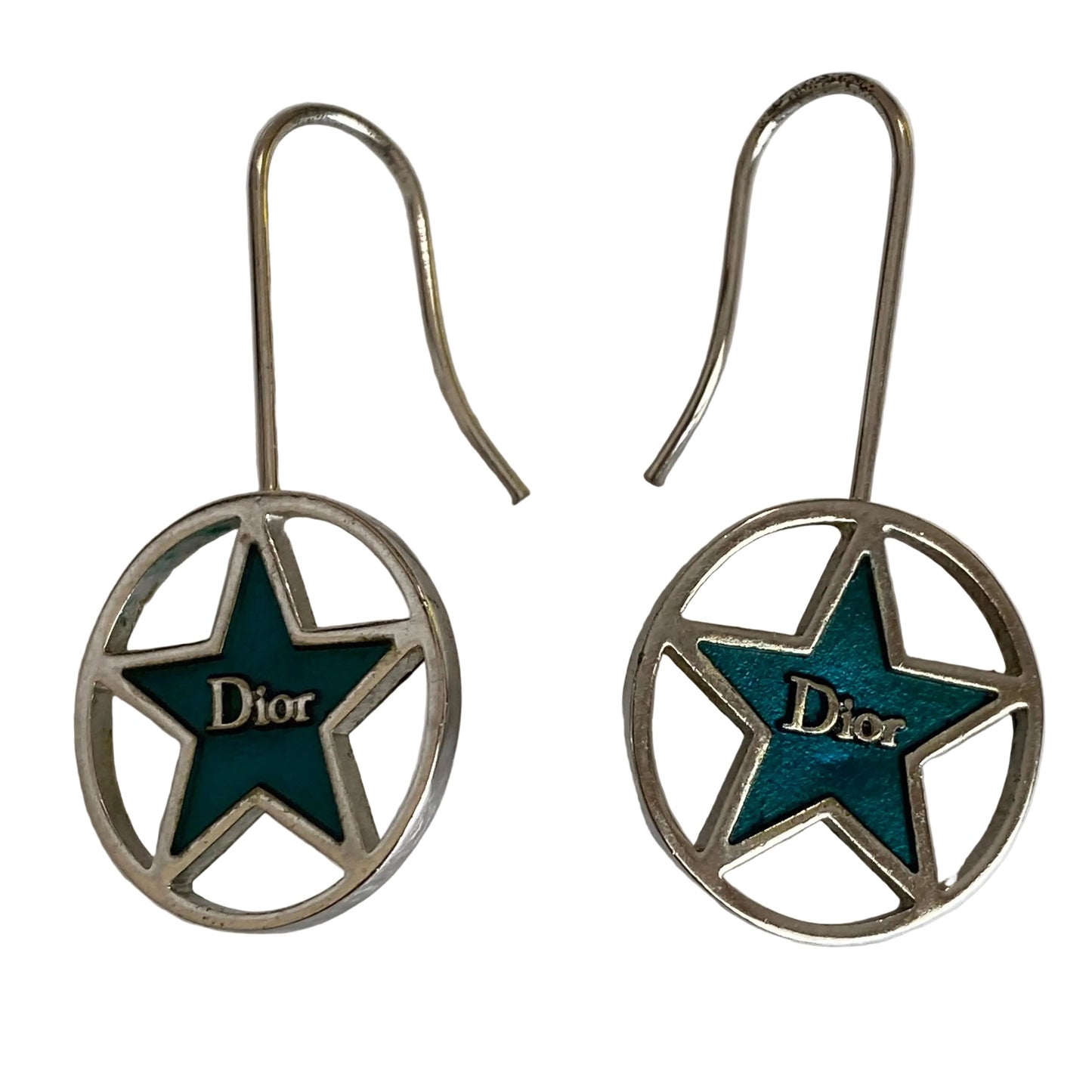 Dior blue star star silver tone dangle earrings authentic with coa