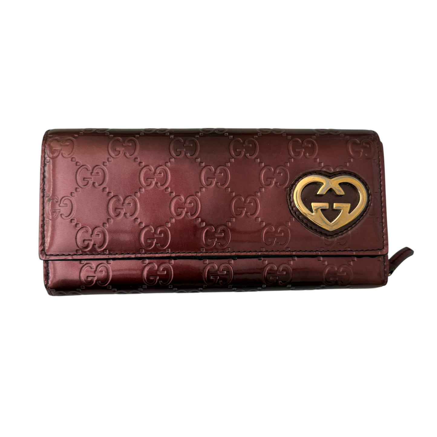 Gucci monogram guccissima metallic burgundy heart long wallet authentic with CO