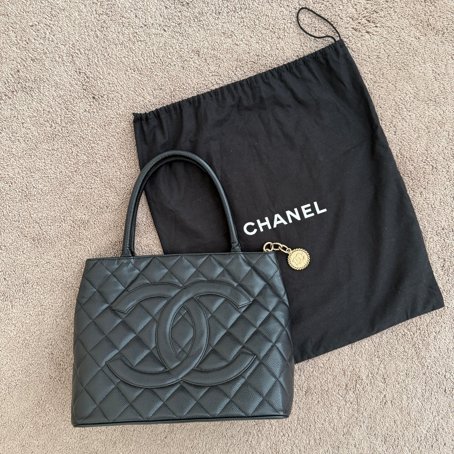 Chanel CC caviar black leather medallion tote bag authentic with COA and dust b