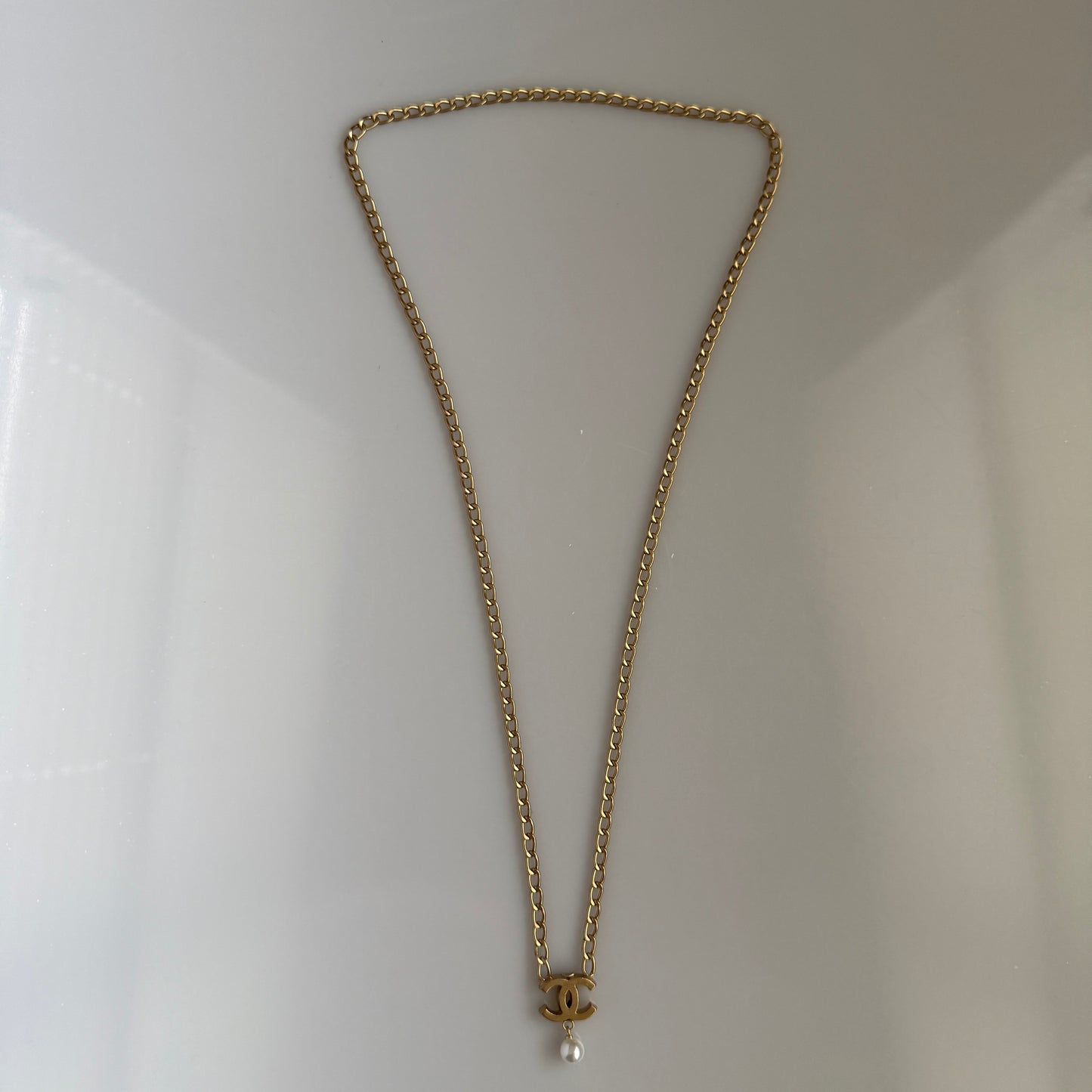 Chanel vintage CC and pearl pendant long necklace authentic with COA gold tone