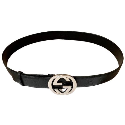 Authentic GUCCI unisex signature monogram black leather belt with silver interlocking buckle