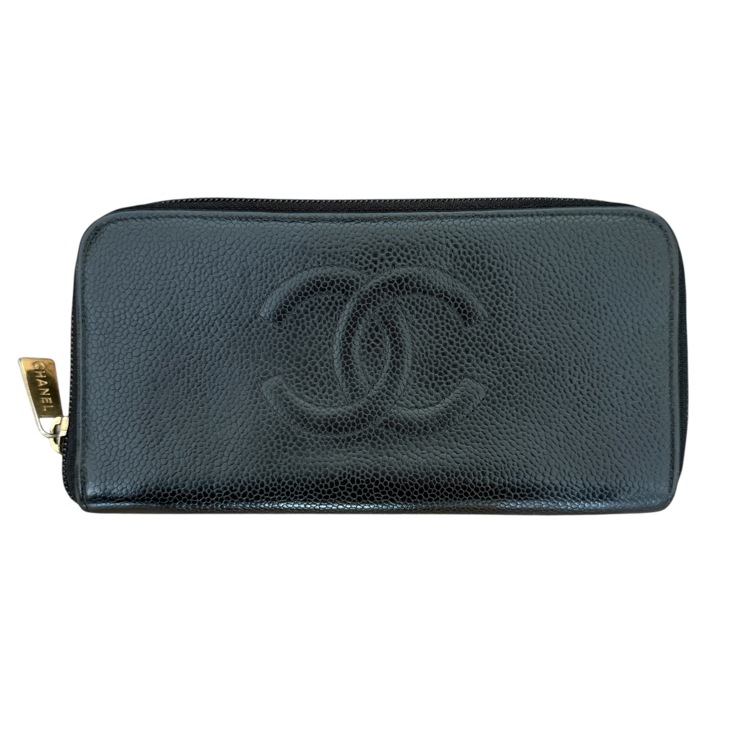 Chanel CC caviar black leather long zip around wallet authentic with COA gold tone hardwear