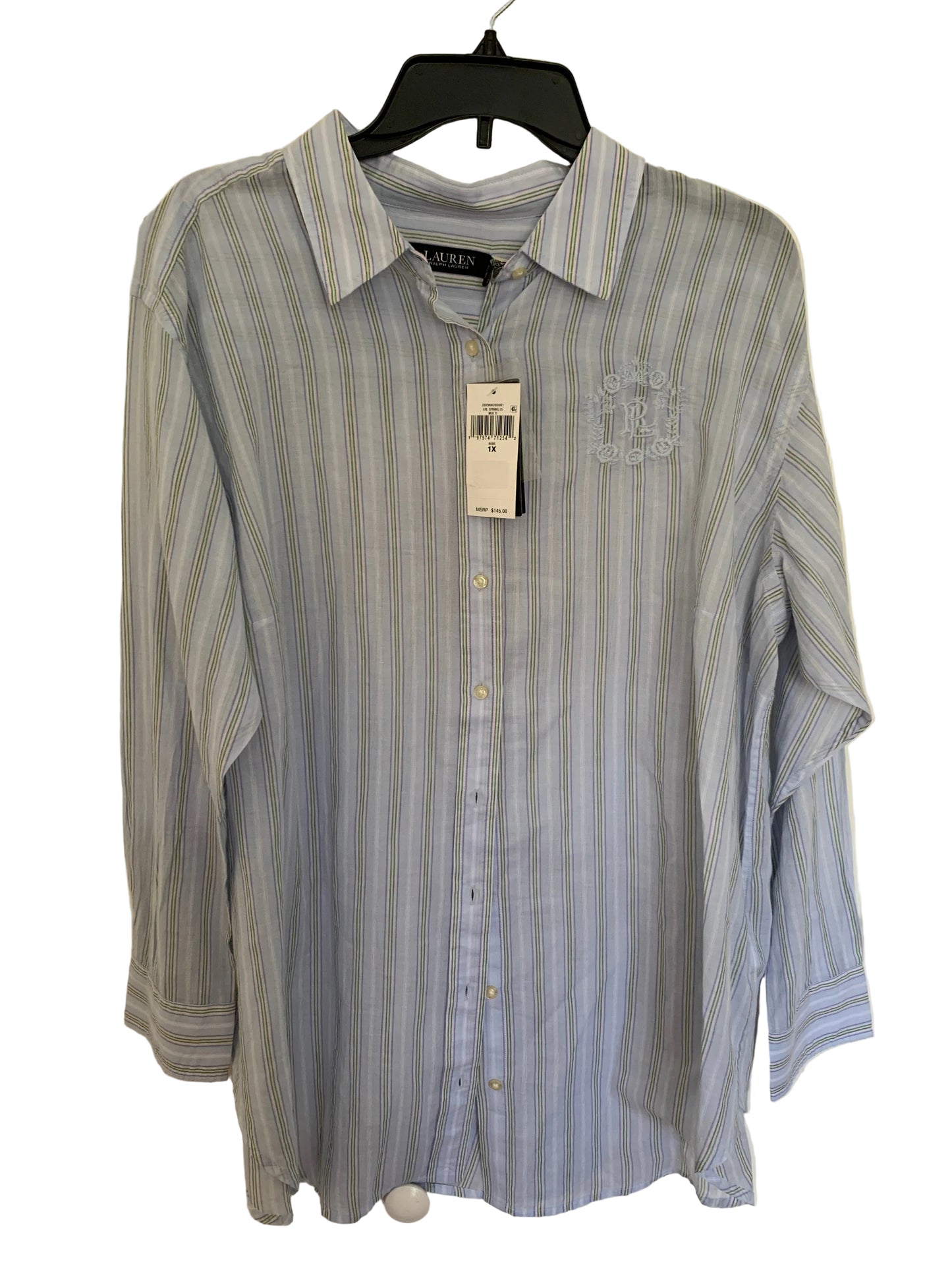 Lauren Ralph Lauren Women’s NWT plus size 1X blue stripe embroidered shirt