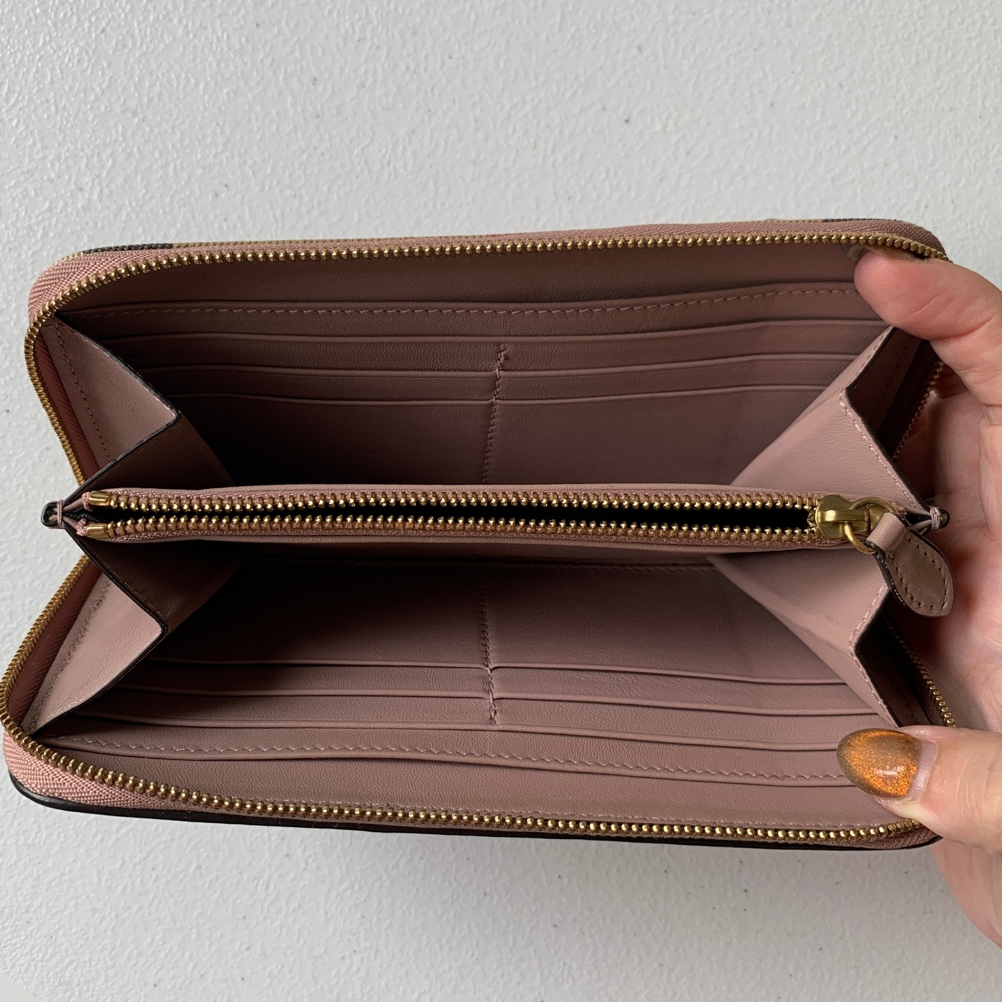 Burberry check and pink leather zipper around wallet authentic with COA