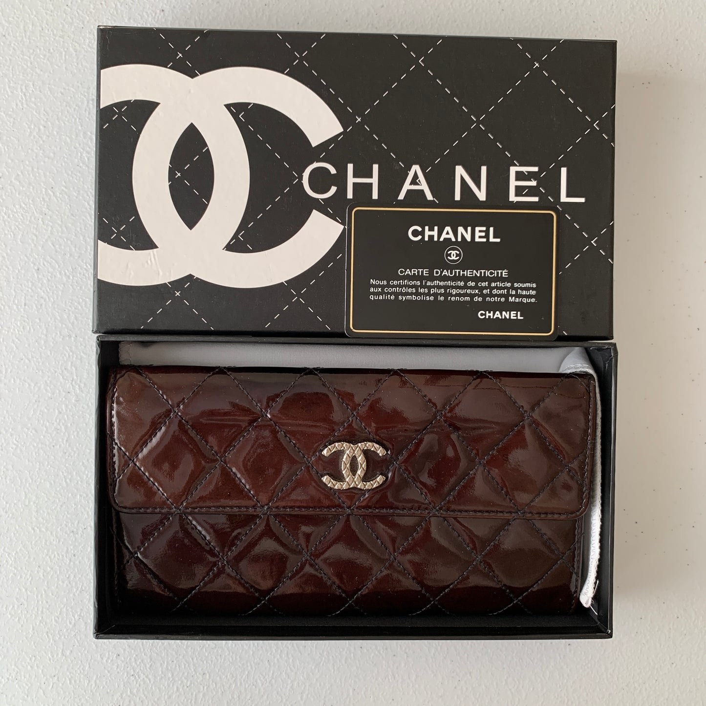 Chanel matelasse burgundy patent leather long Wallet authentic with COA box gua