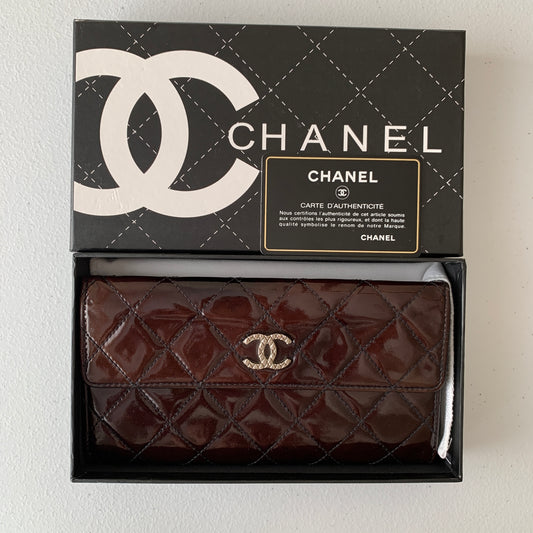 Chanel matelasse burgundy patent leather long Wallet authentic with COA box gua