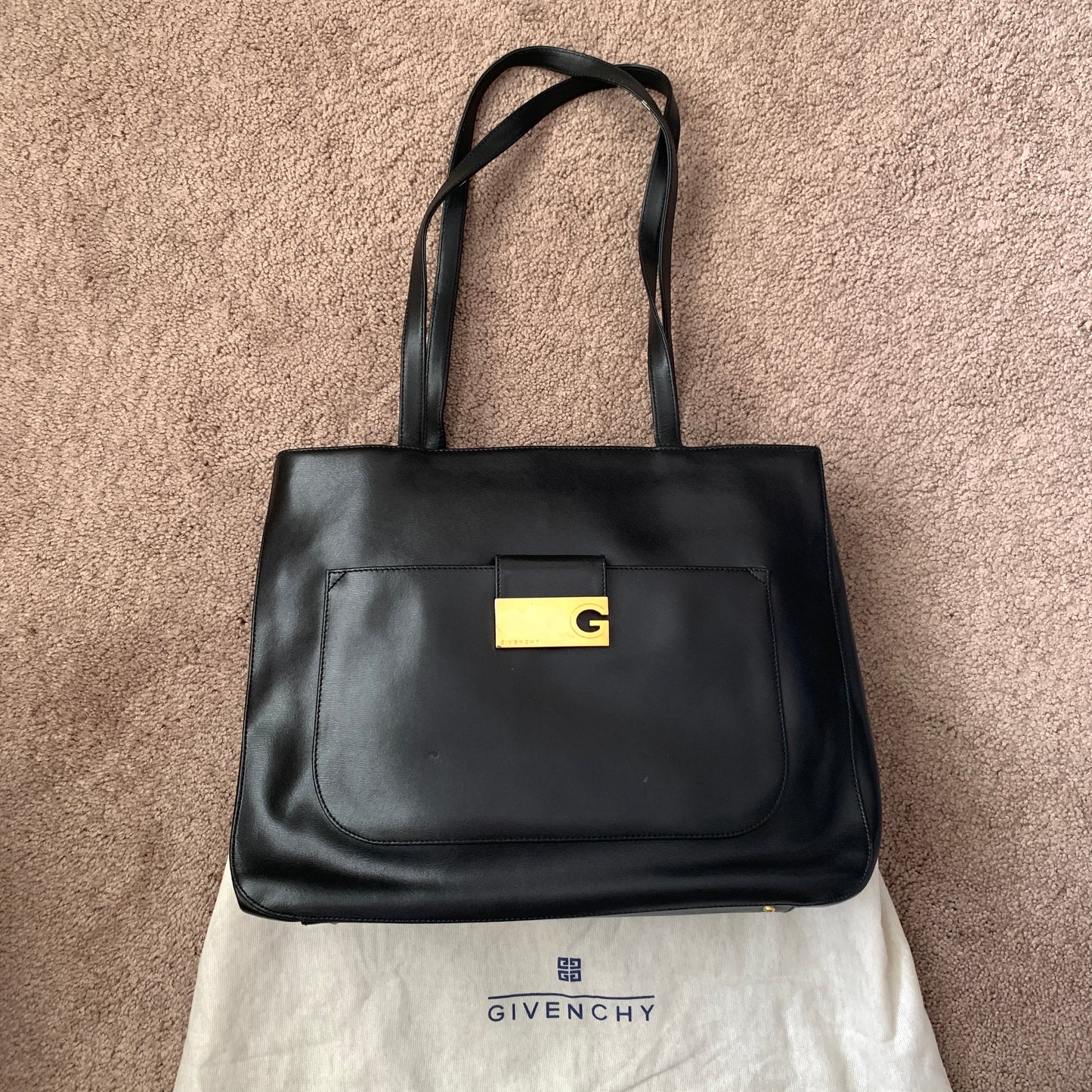 Givenchy G logo black leather shoulder tote bag authentic with COA dusty