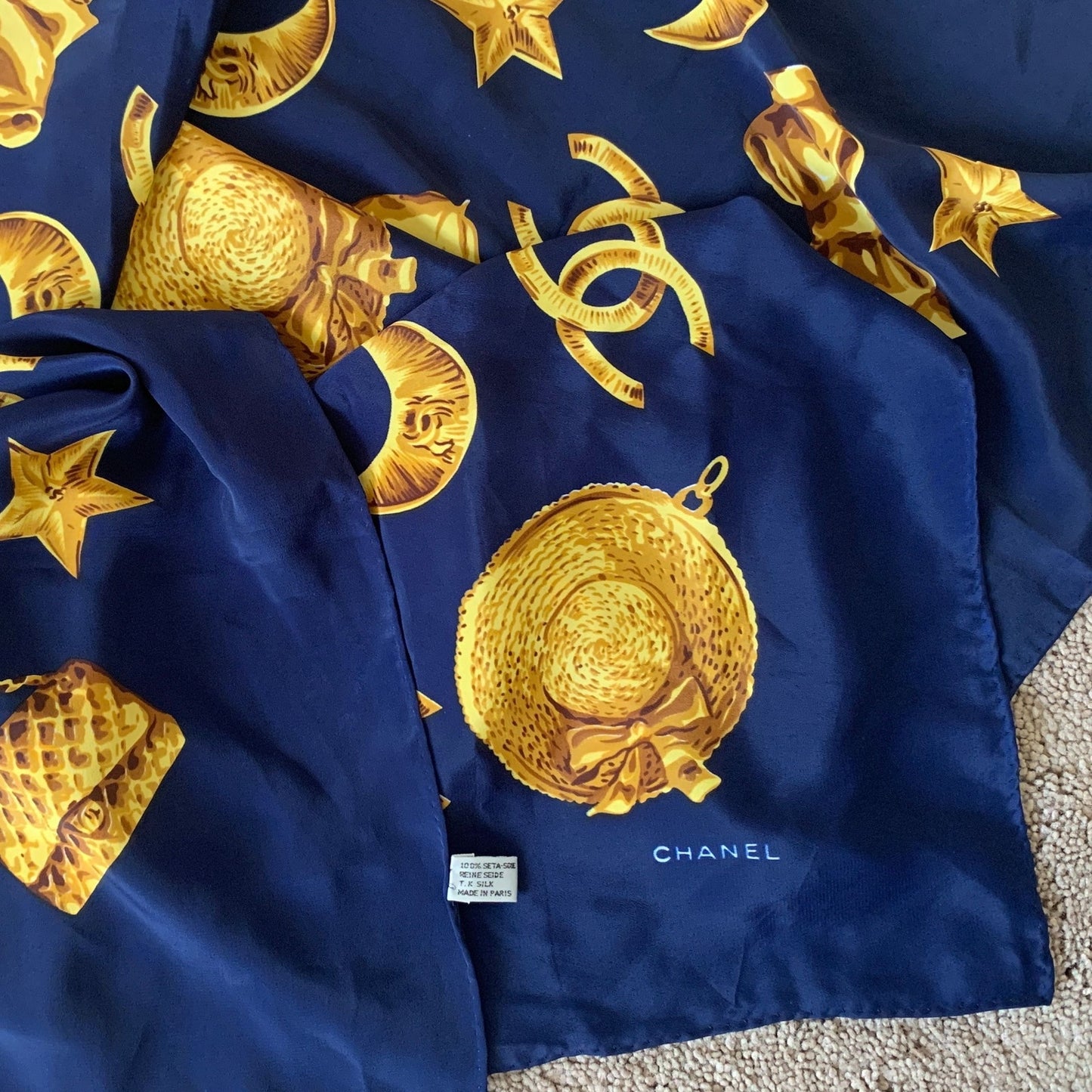 CC1007 Chanel blue and gold logo large silk scarf
