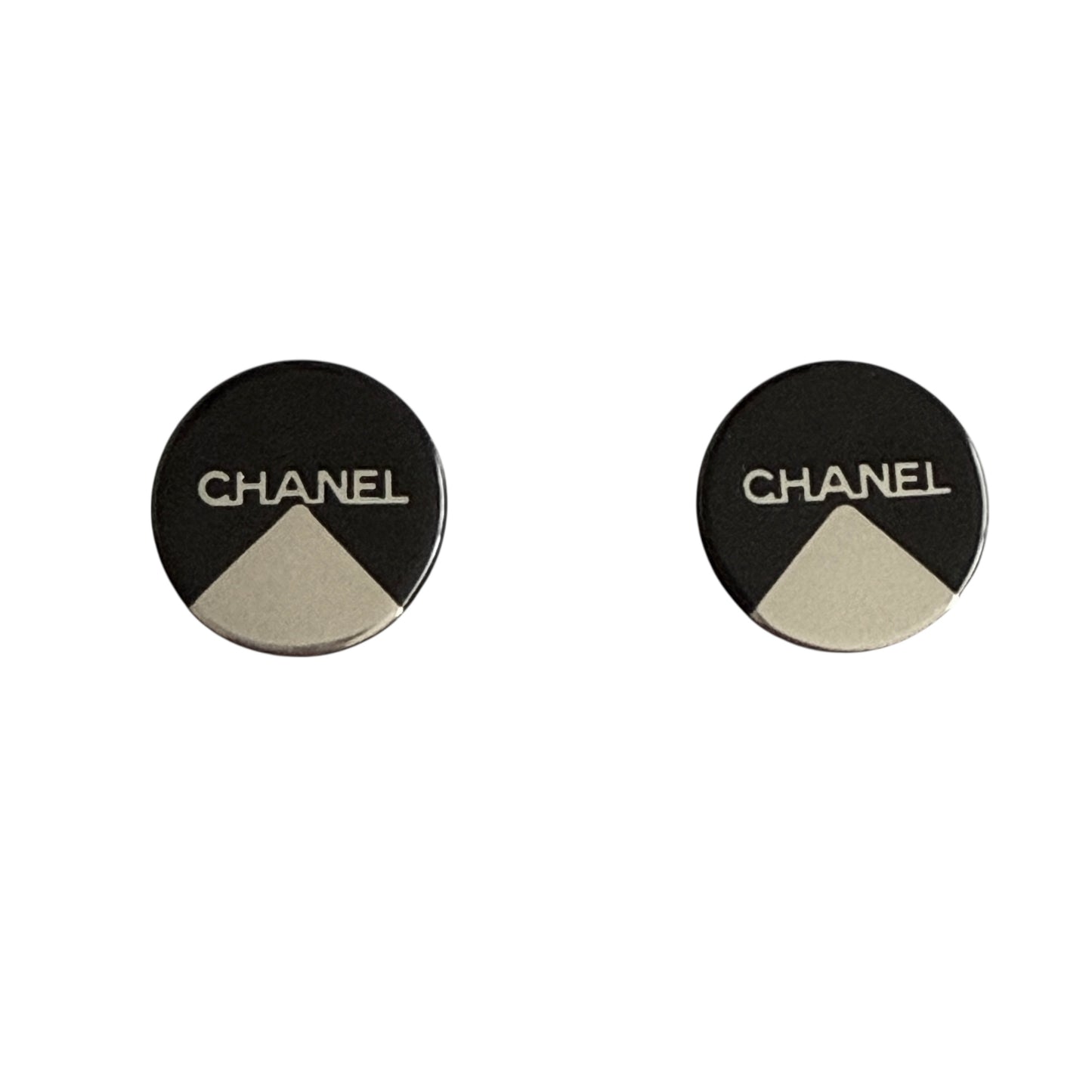 Chanel vintage black and silver logo clip on earrings authentic with COA