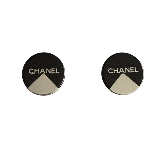 Chanel vintage black and silver logo clip on earrings authentic with COA
