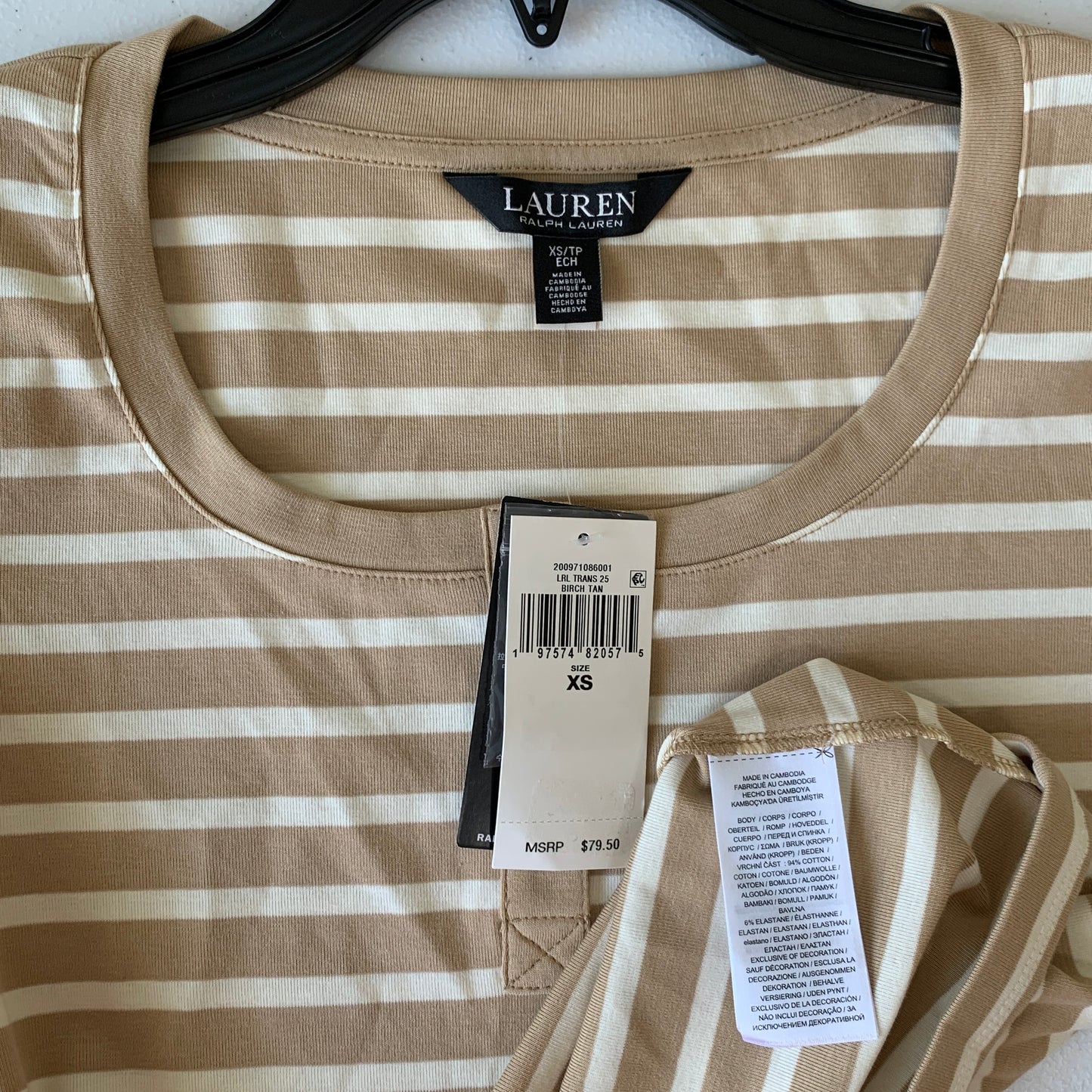 Lauren Ralph Lauren Women’s NWT birch tan striped scoop neck tee shirt size xsm