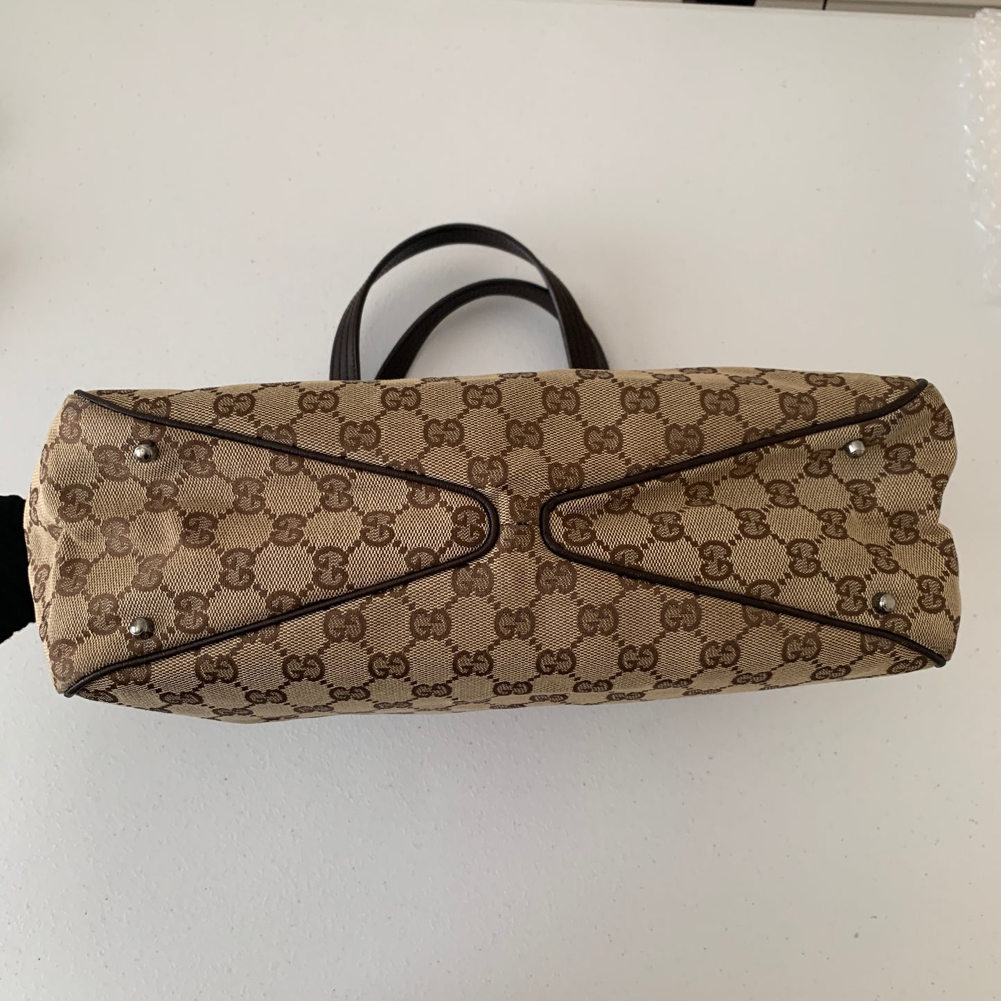 Gucci monogram canvas and brown leather tote shoulder Purse bag authentic with COA
