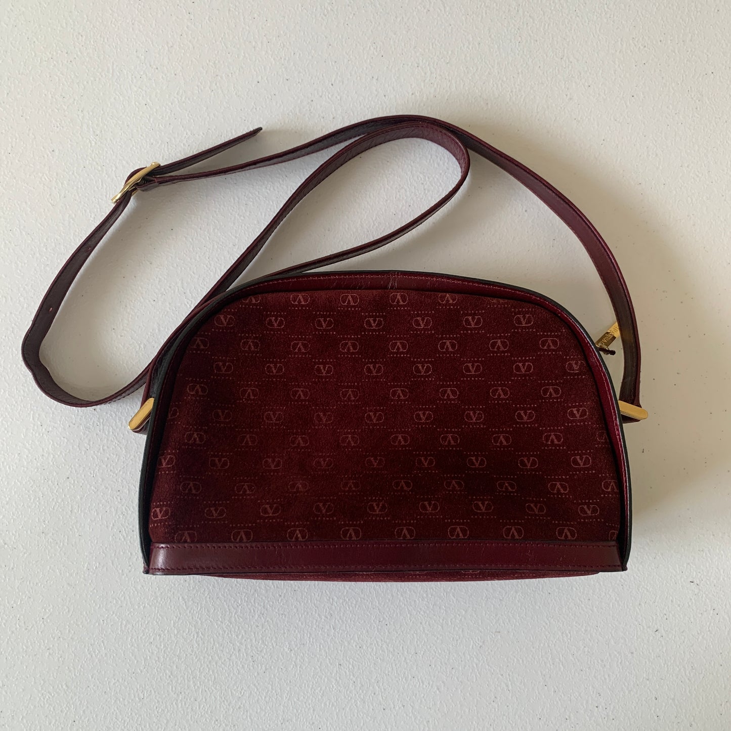 Valentino Garavani full V logo burgundy suede leather crossbody bag authentic with COA 10x6x2.9