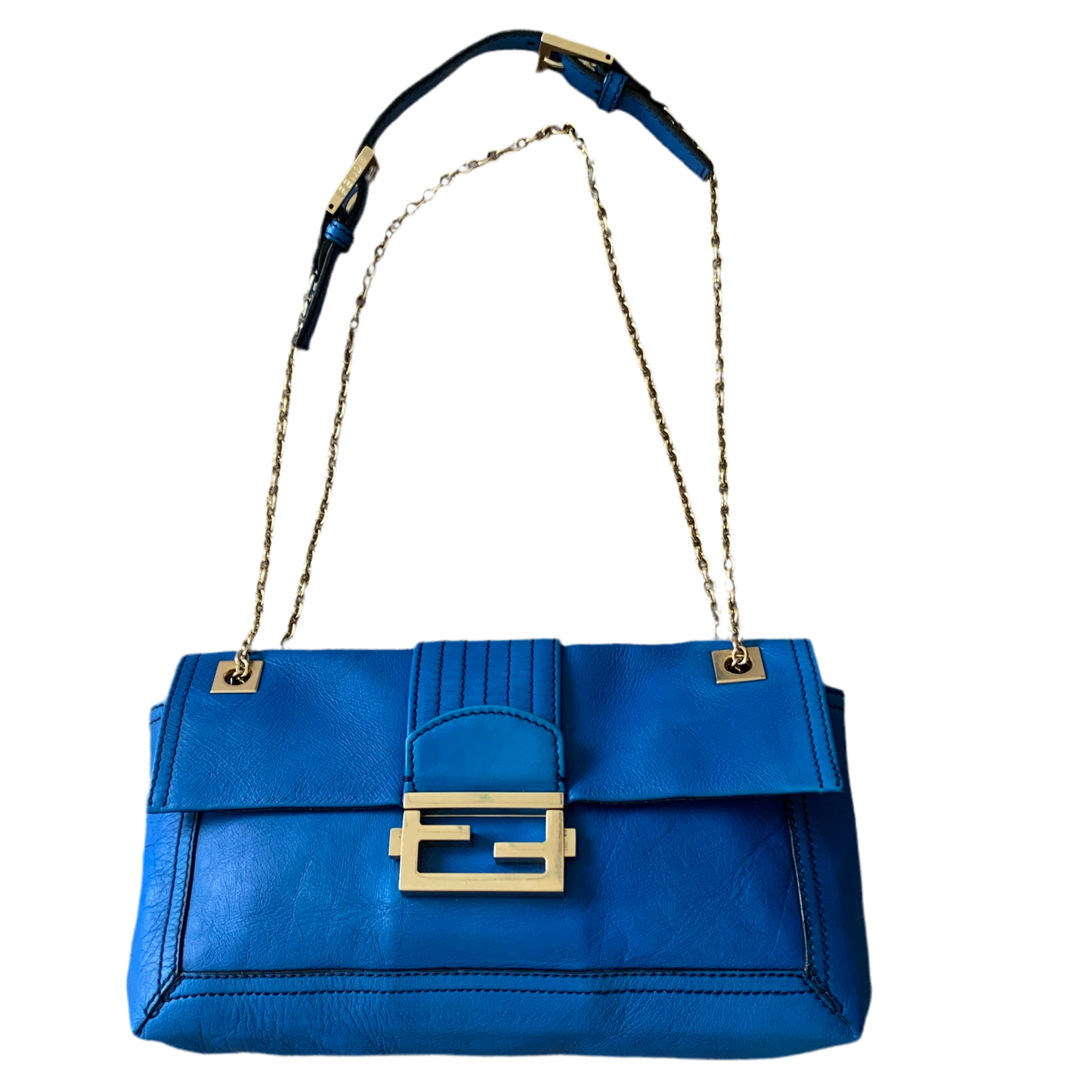 Authentic Fendi 2 way baguette chain blue leather bag with dust bag and COA