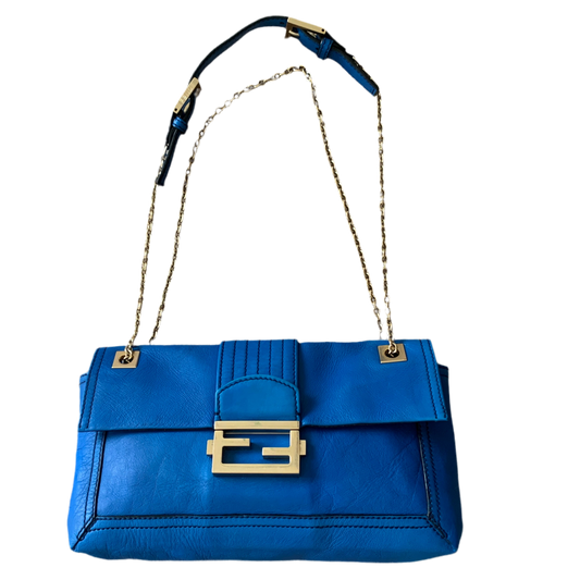 Authentic Fendi 2 way baguette chain blue leather bag with dust bag and COA