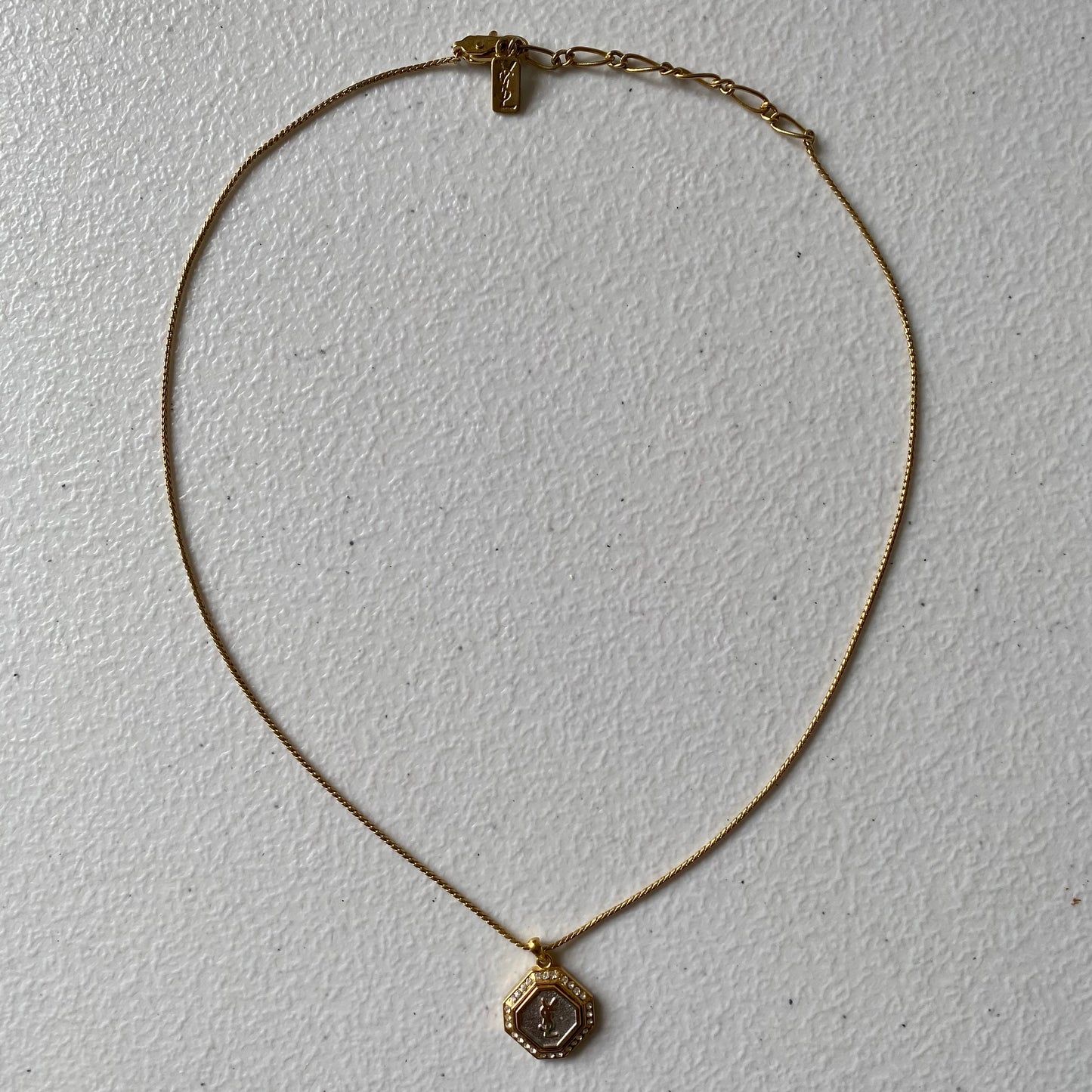 Yves Saint Laurent YSL logo pendant adjustable gold plated necklace Authentic with COA