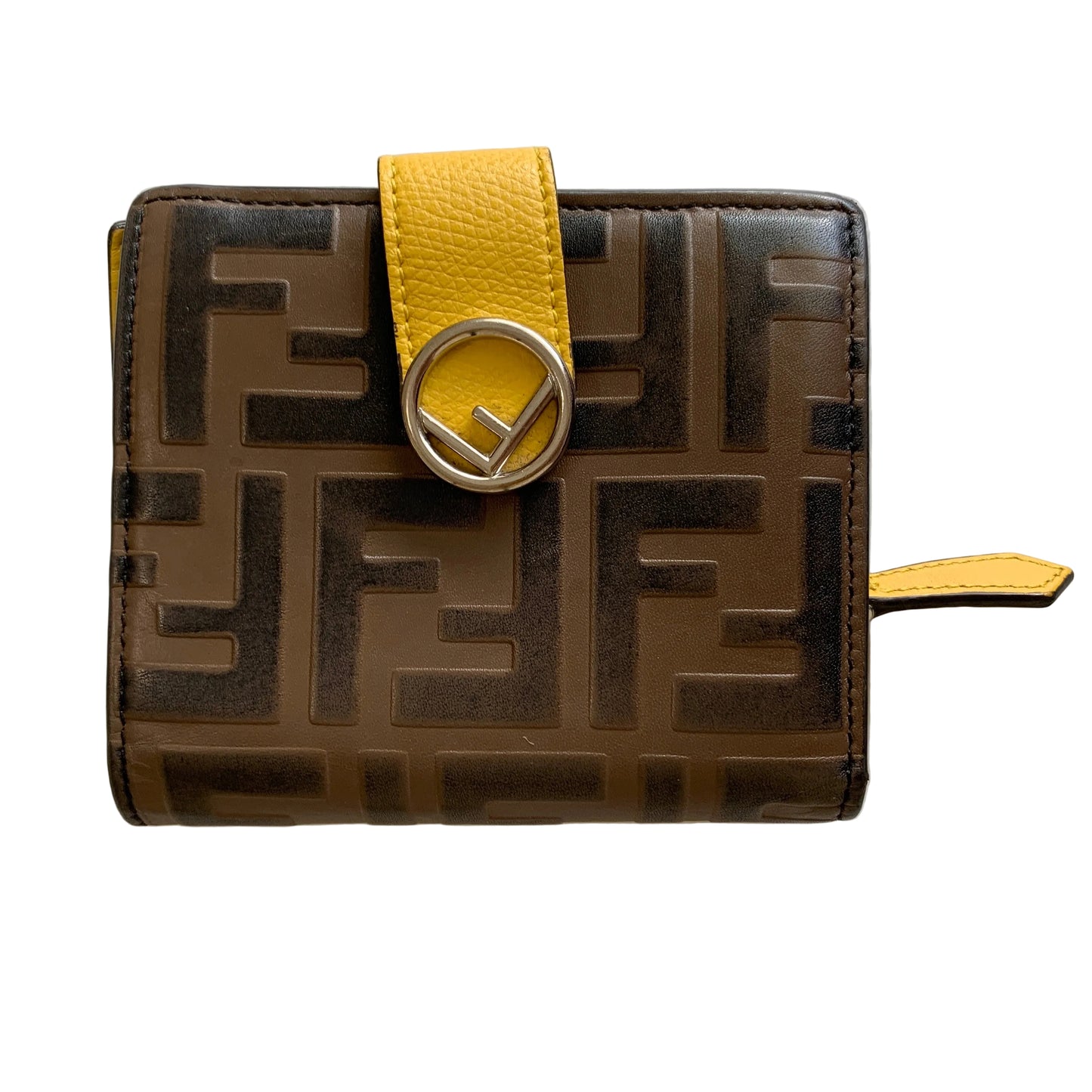 Fendi brown FF monogram and yellow leather compact wallet Authentic with COA