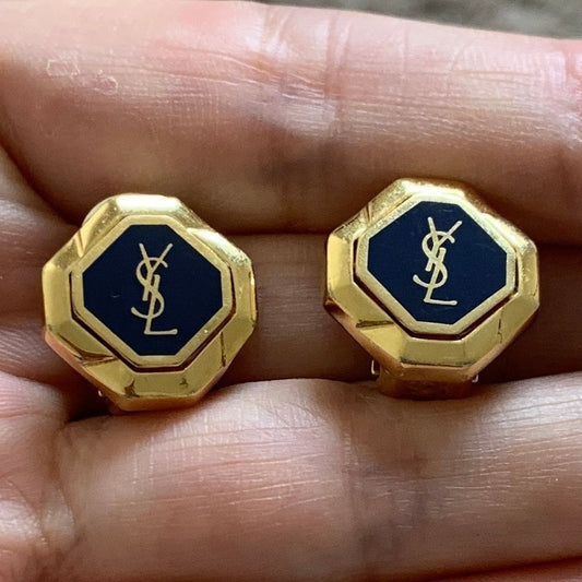 Y1006 Yves Saint Laurent gold and navy blue logo earrings