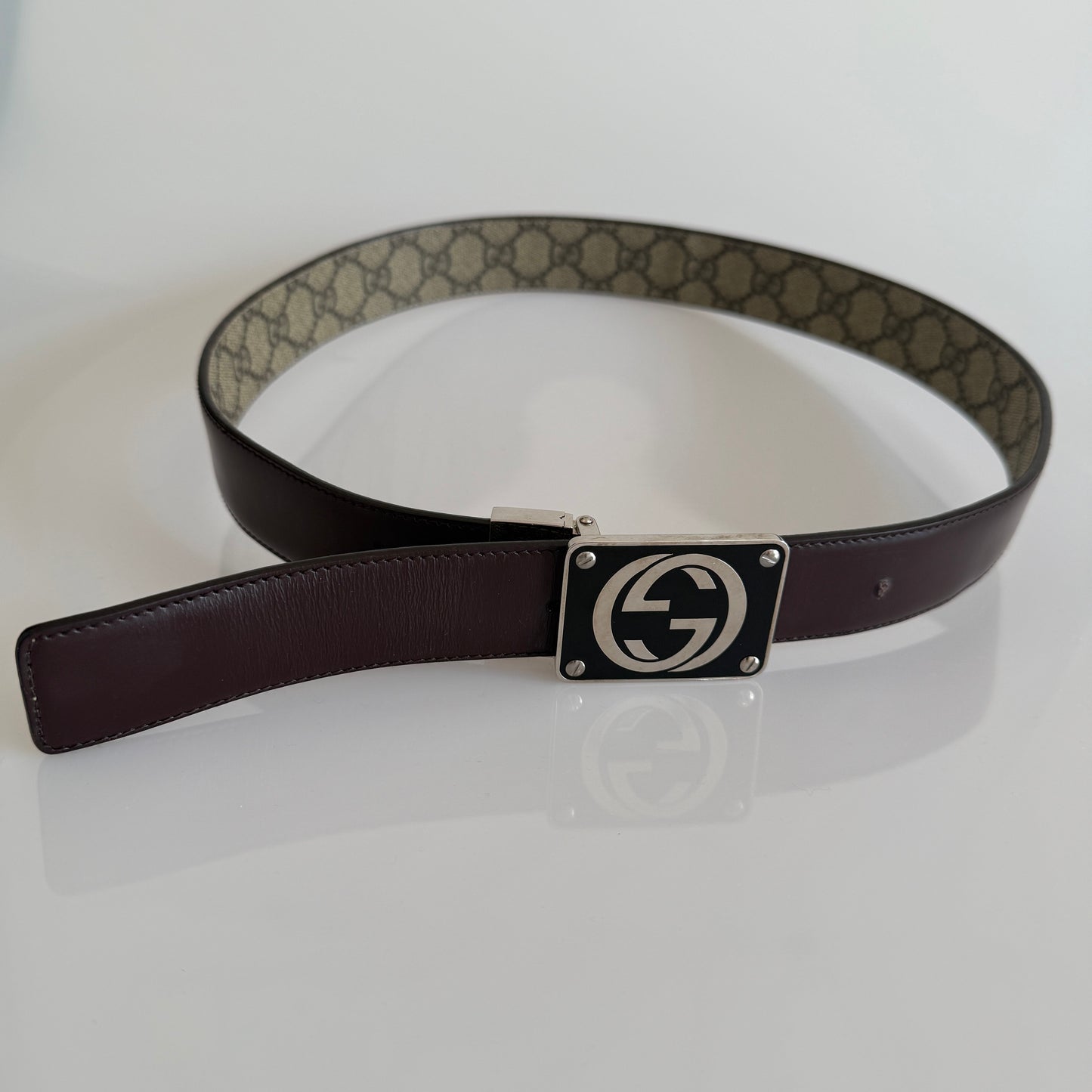 Gucci reversible unisex monogram and brown leather belt authentic with COA size 85 cm 34 inch