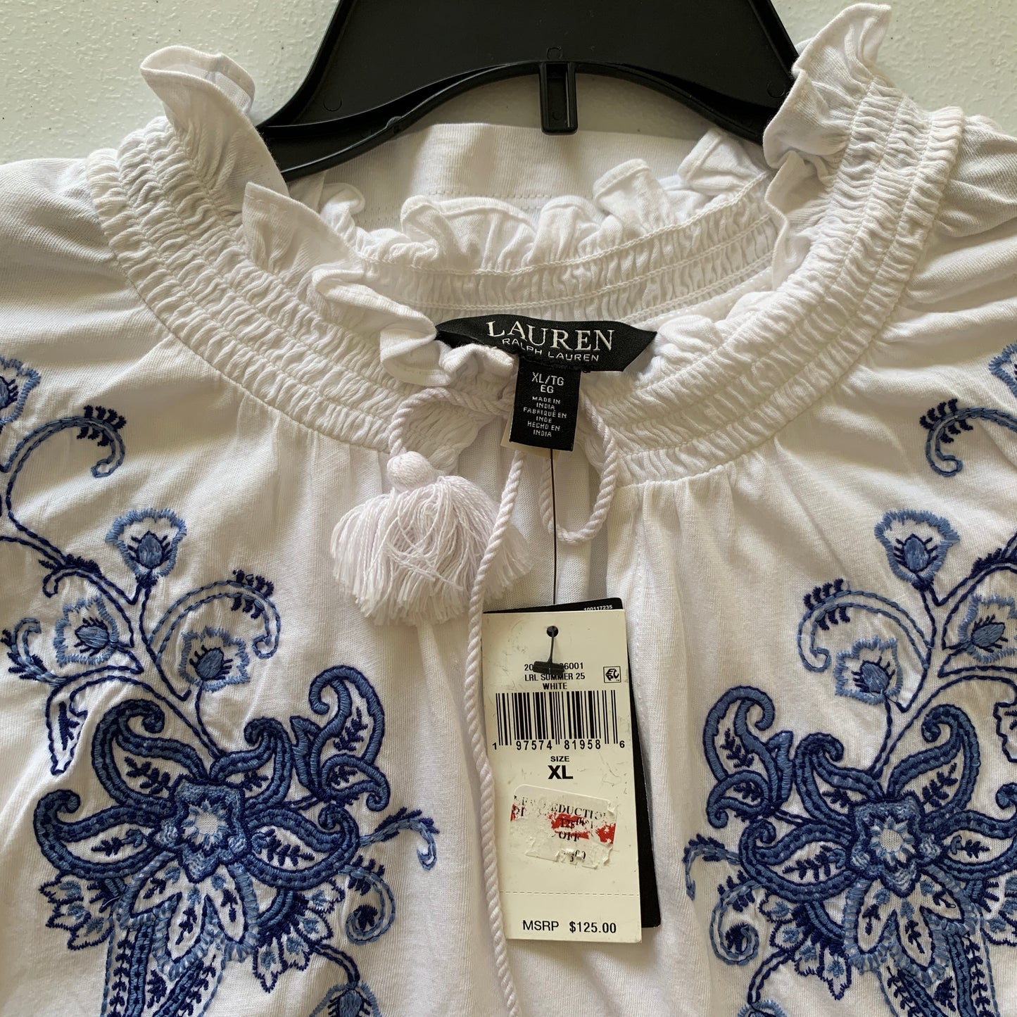 Lauren Ralph Lauren womens NWT blue Embroidery white short sleeve shirt size XL