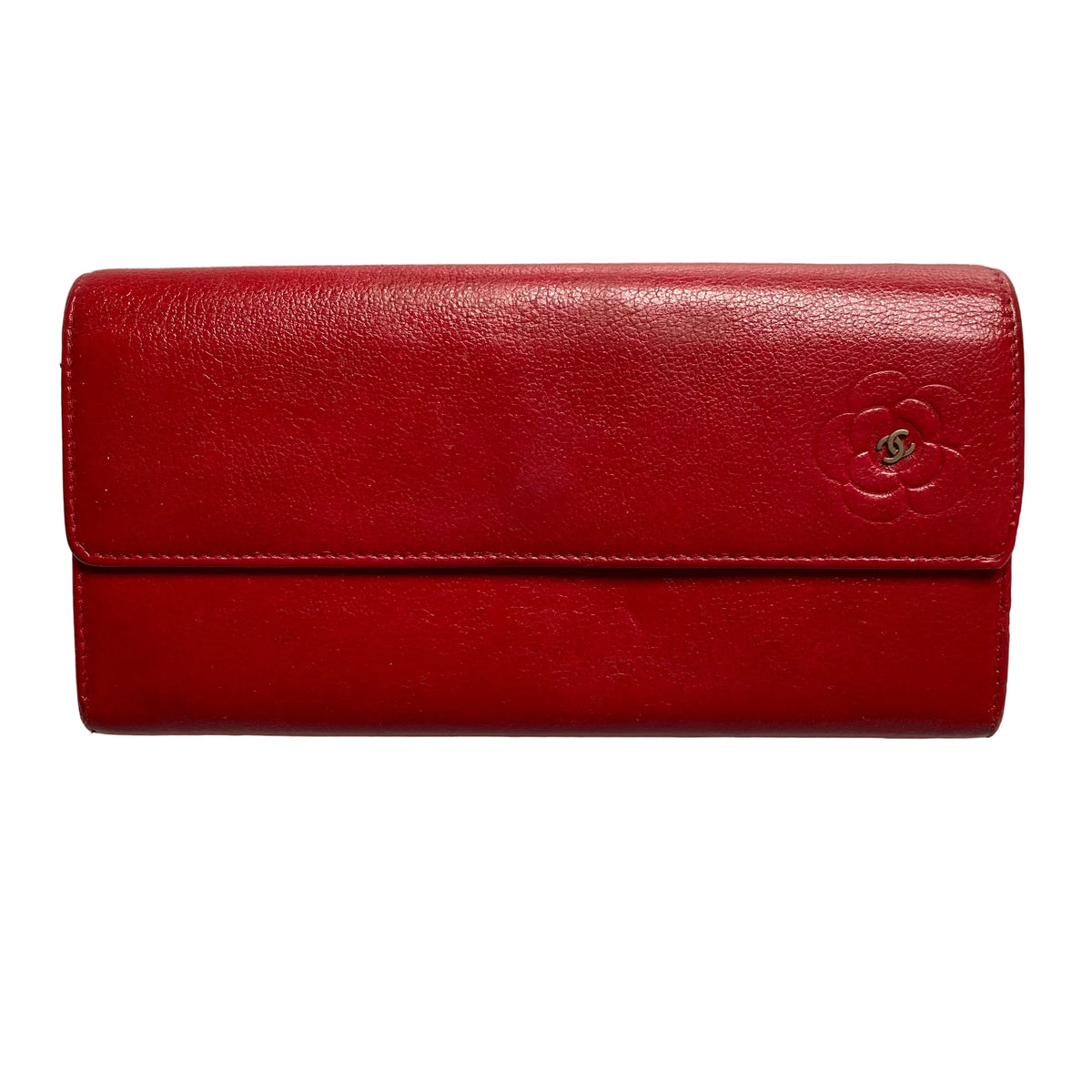 Chanel camellia CC mark red leather long wallet Authentic with COA and non branded insert with chain 7.5x4