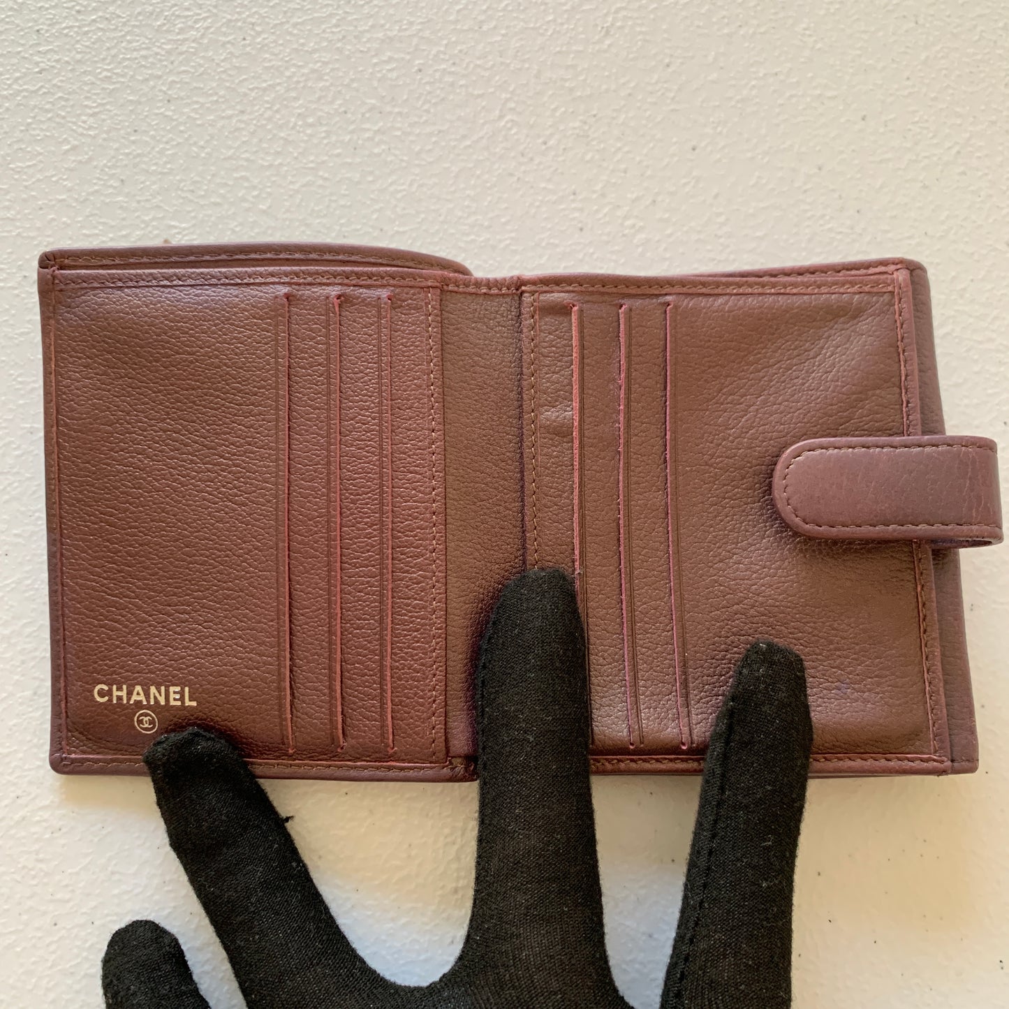 Chanel camellia CC mark burgundy compact leather wallet authentic with COA