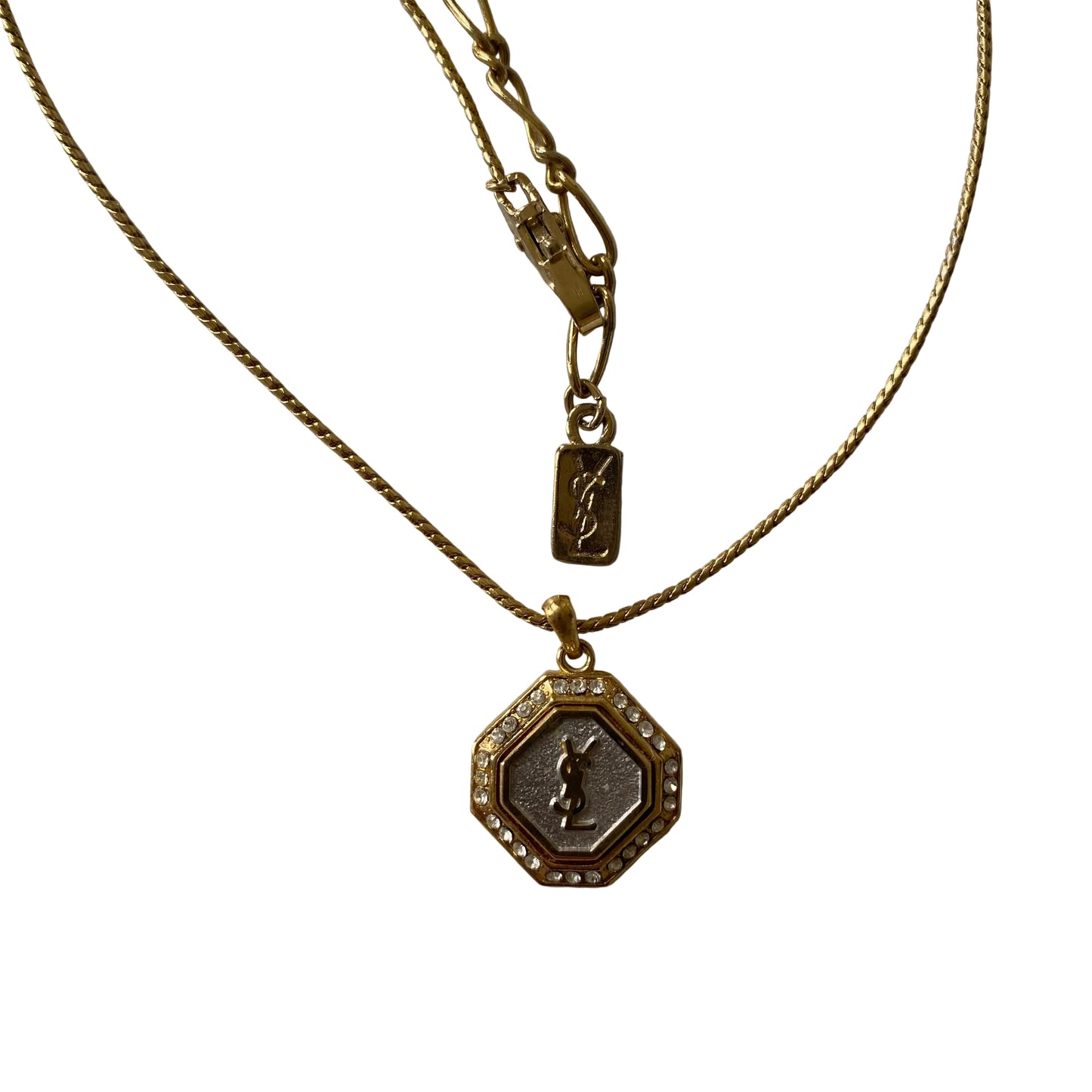 Yves Saint Laurent YSL logo pendant adjustable gold plated necklace Authentic with COA