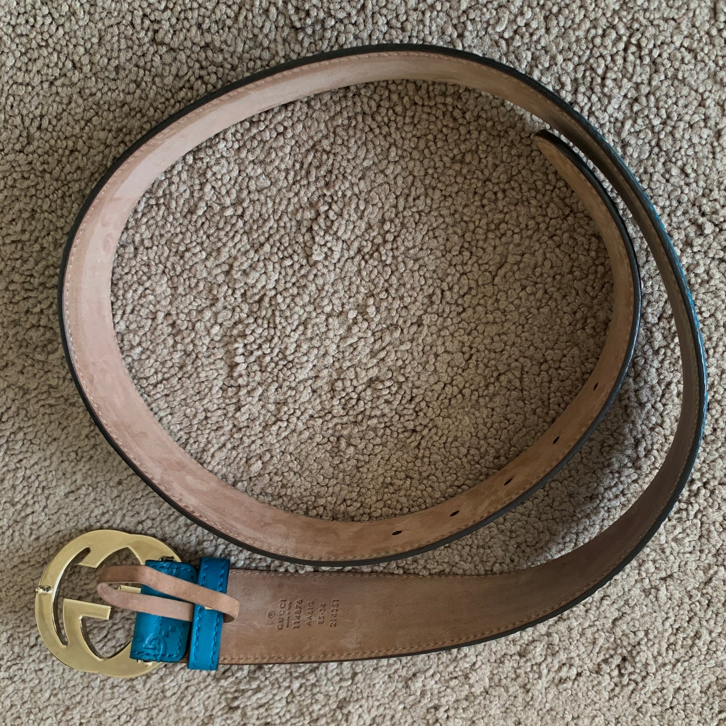 Authentic Gucci GG monogram brilliant blue leather belt