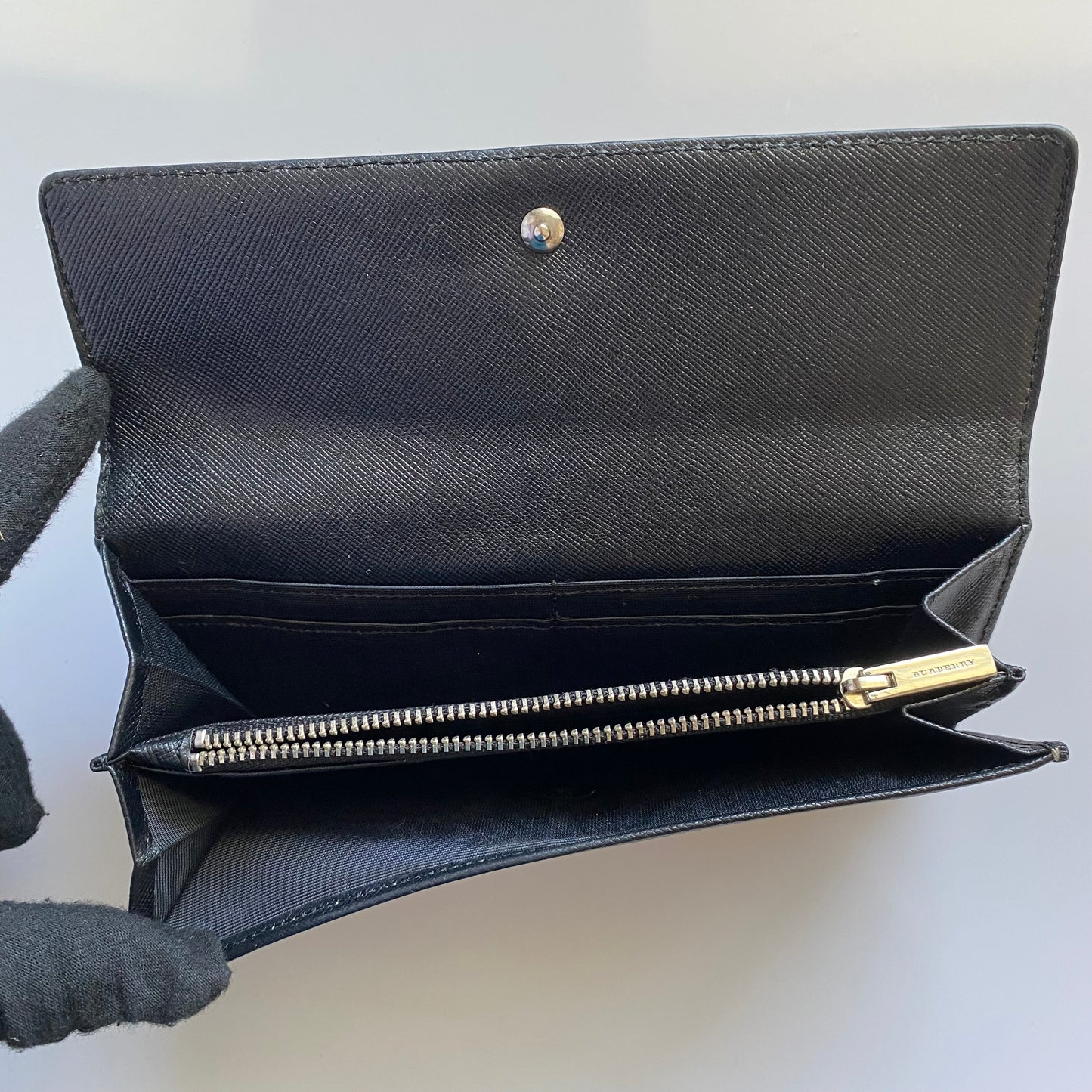 Burberry classic check black leather long wallet Authentic with coa