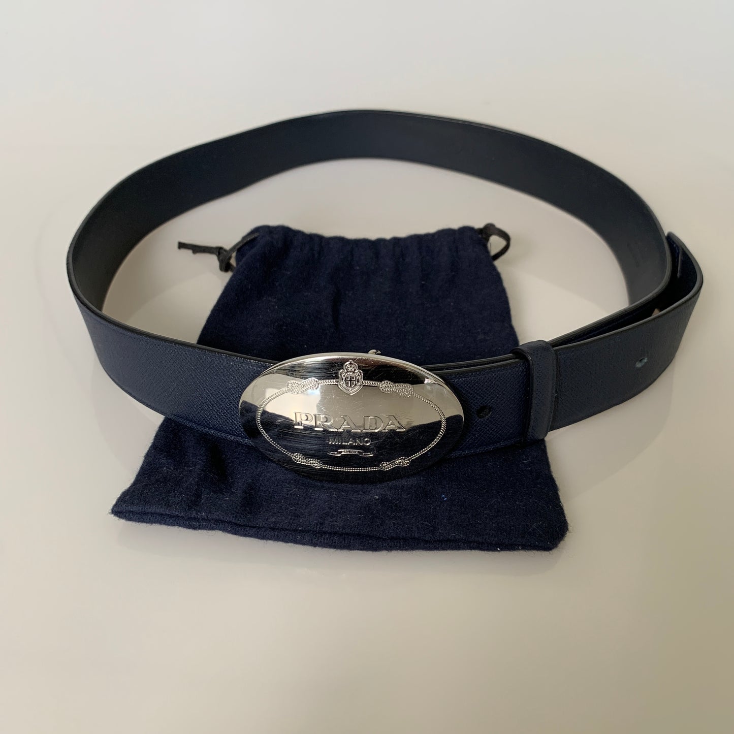 Prada Navy Blue leather belt unisex authentic with COA 85cm 34''