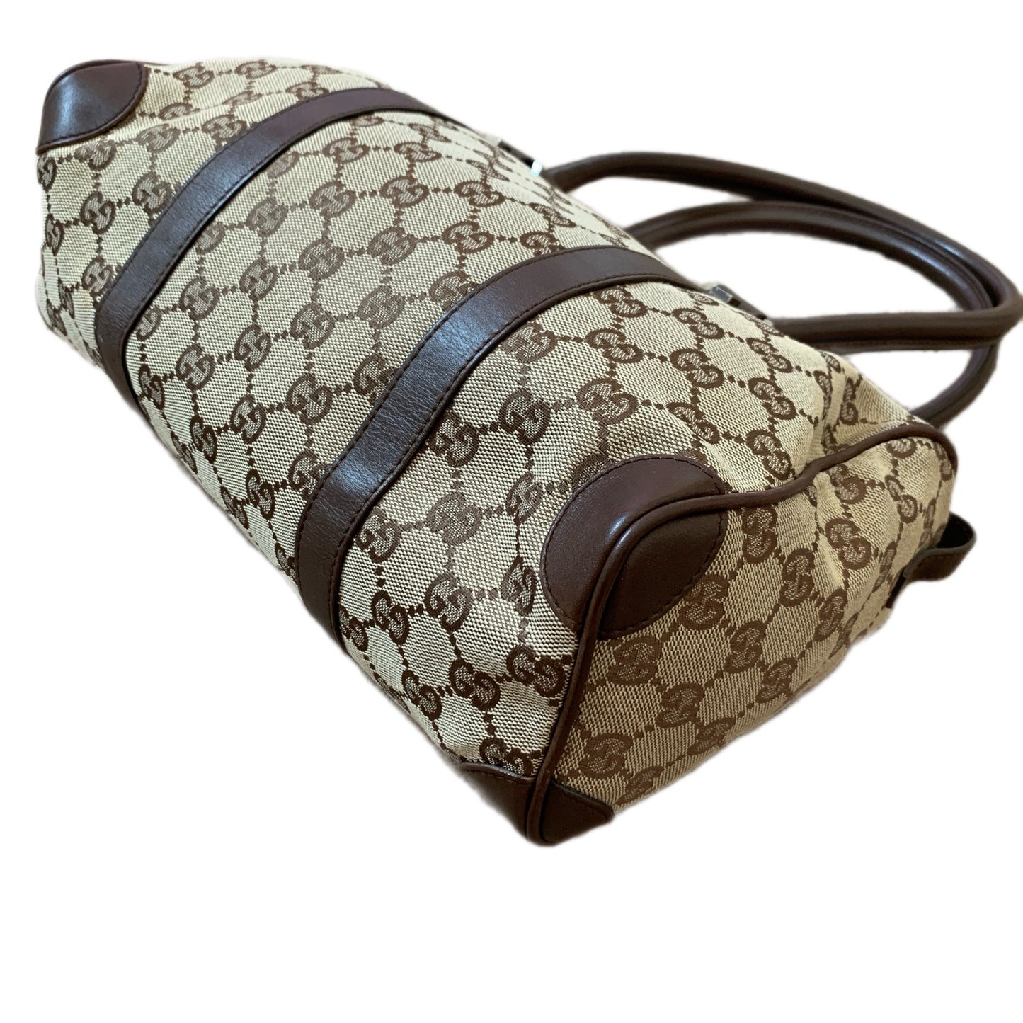 Gucci monogram canvas and brown leather Boston bag authentic with COA and dust