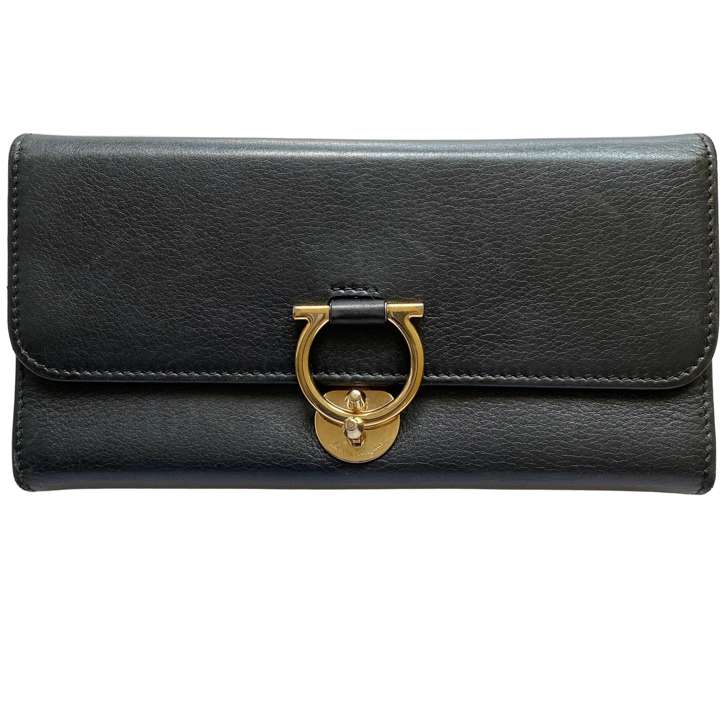 Ferragamo gancini black leather long wallet Authentic with COA
