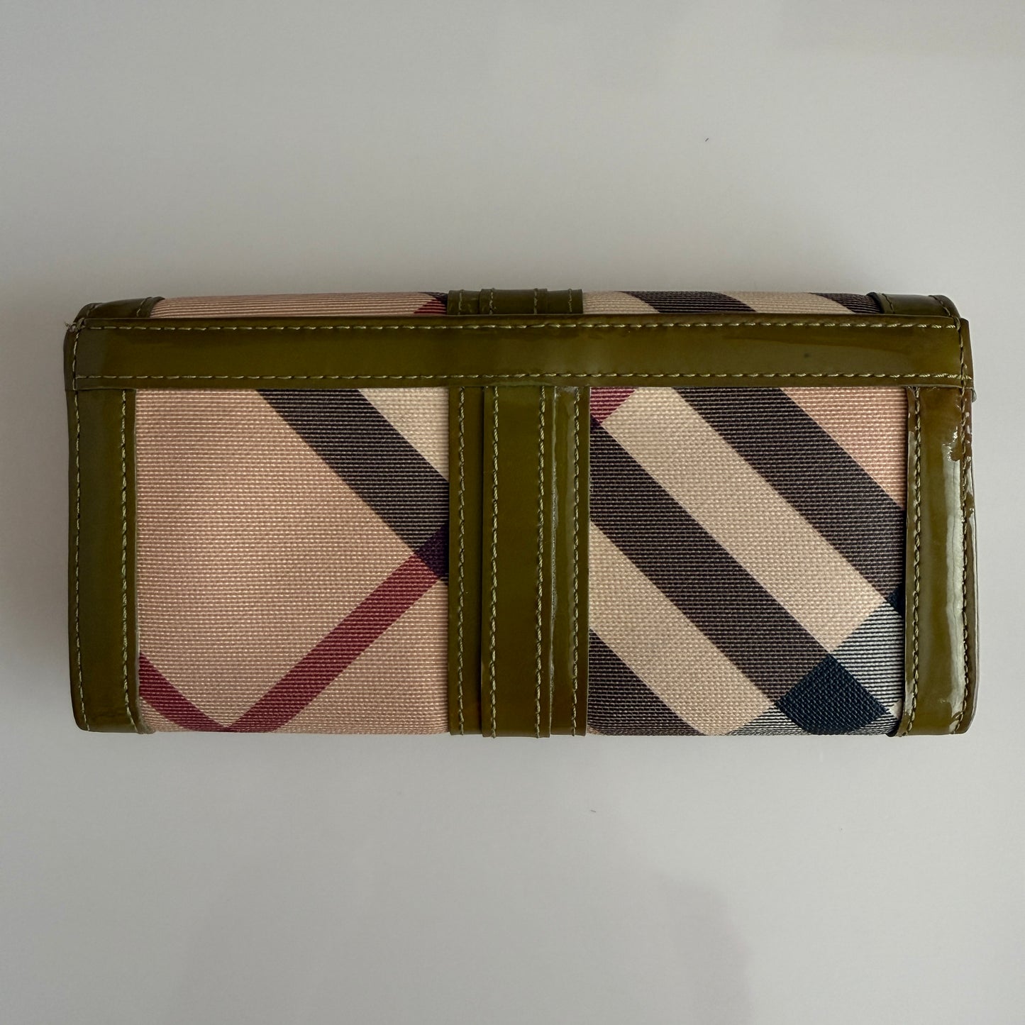 Burberry nova check and green patent leather long wallet authentic with COA
