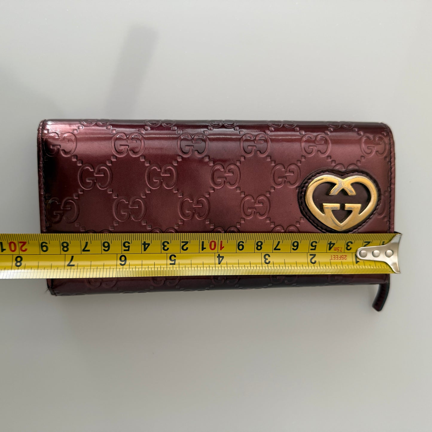 Gucci monogram guccissima metallic burgundy heart long wallet authentic with CO