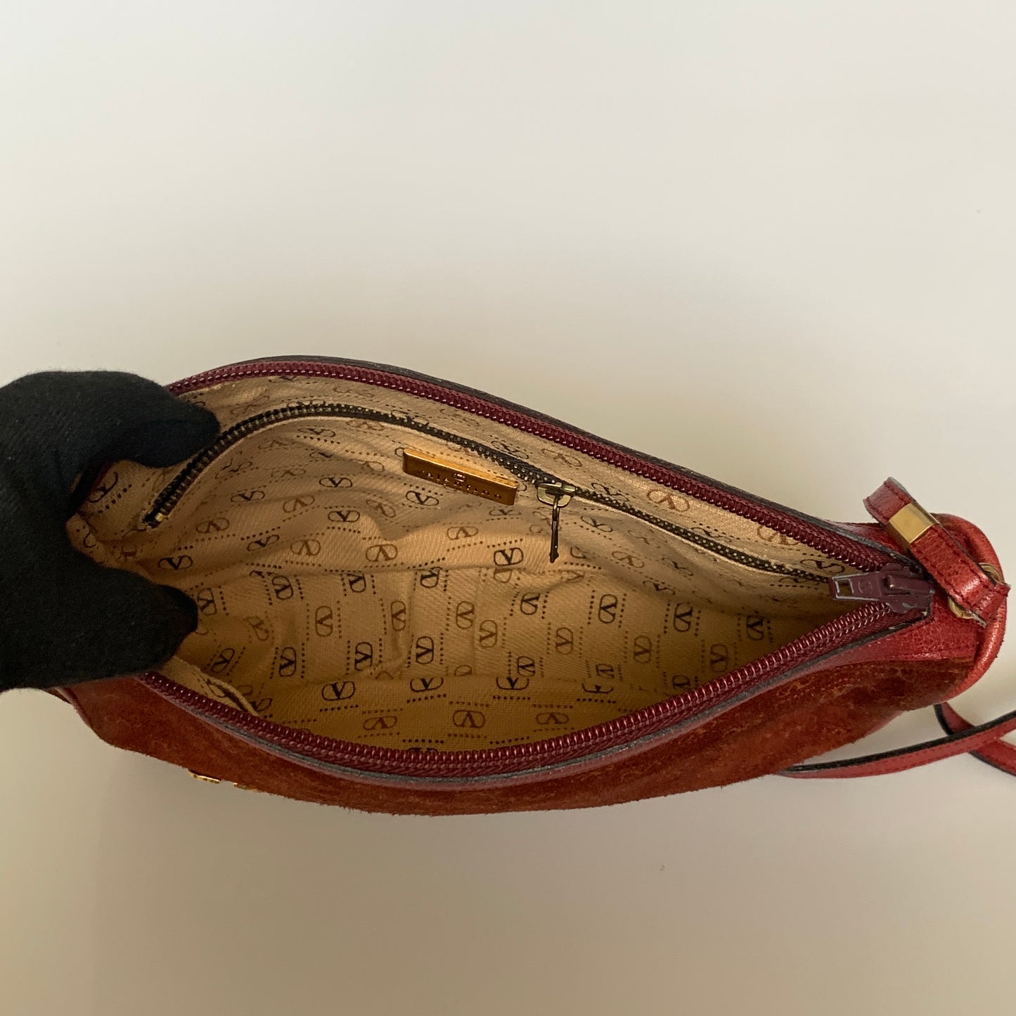 Valentino V logo burgundy suede leather crossbody bag Authentic with COA