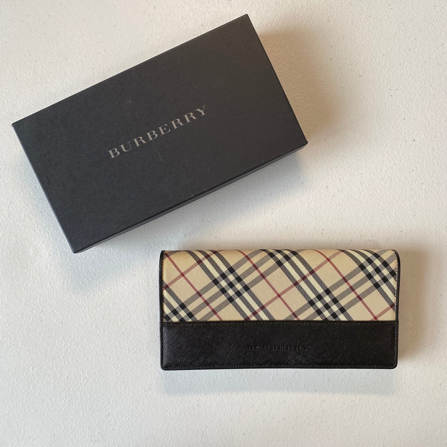 Burberry classic check black leather long wallet authentic with coa box