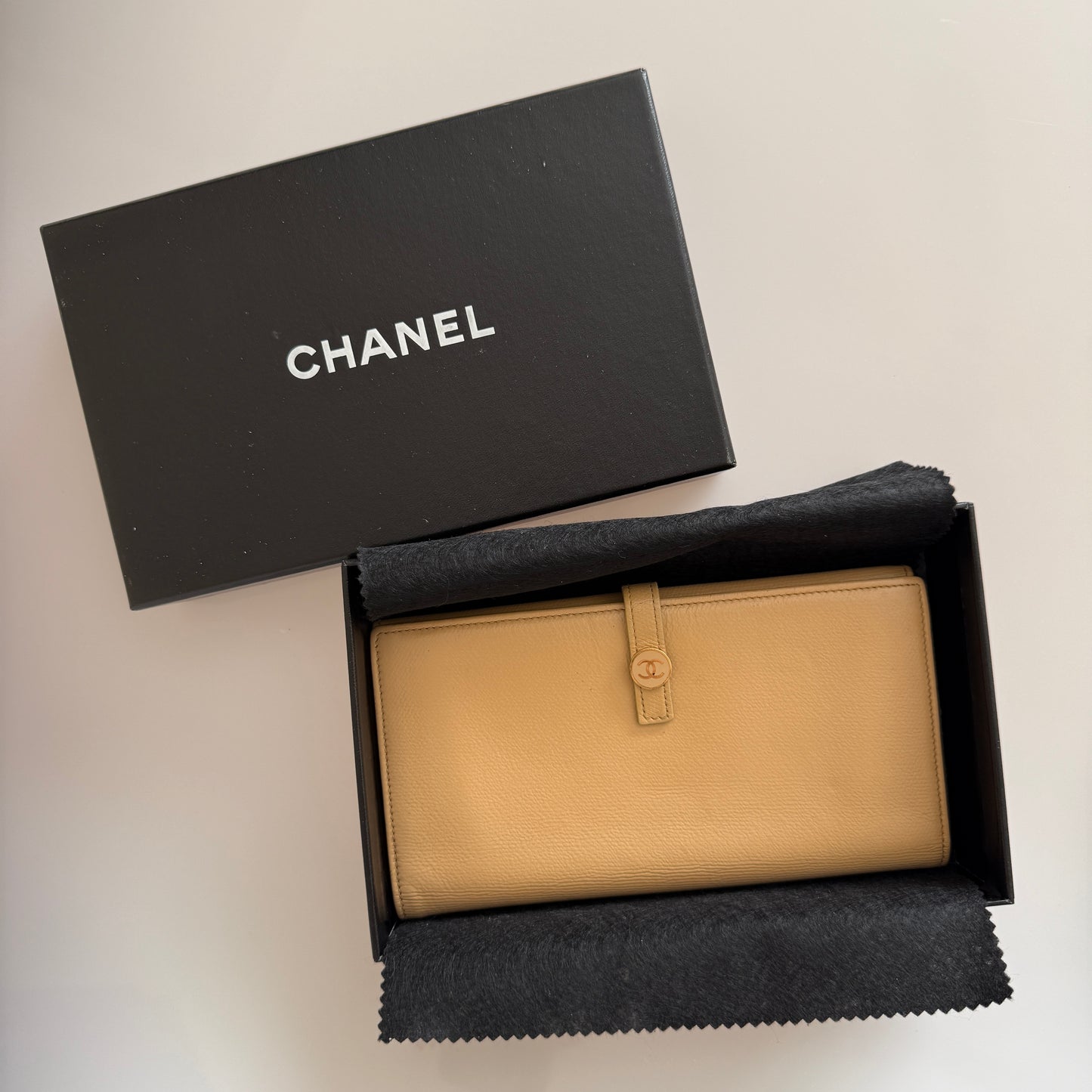 Chanel coco button beige leather long wallet authentic with COA and box