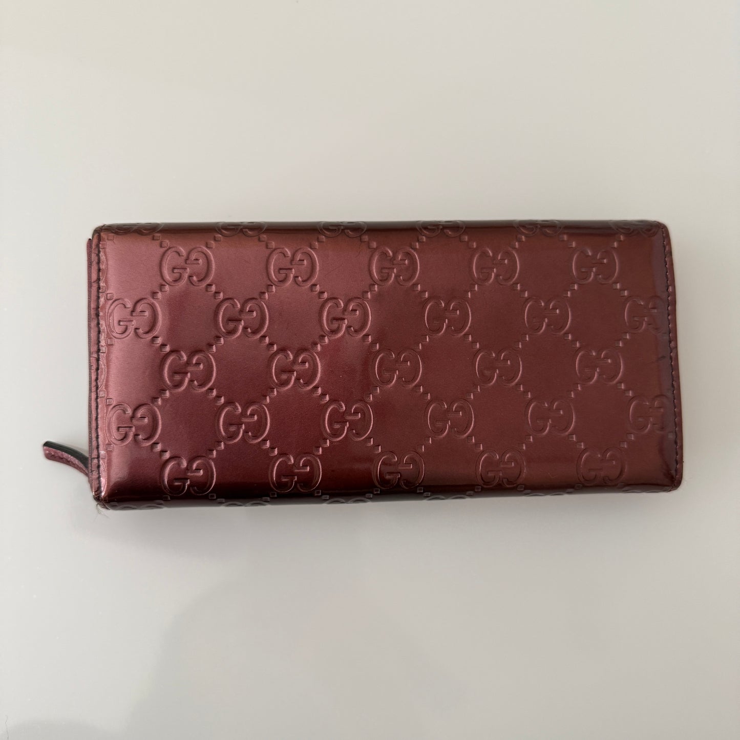 Gucci monogram guccissima metallic burgundy heart long wallet authentic with CO