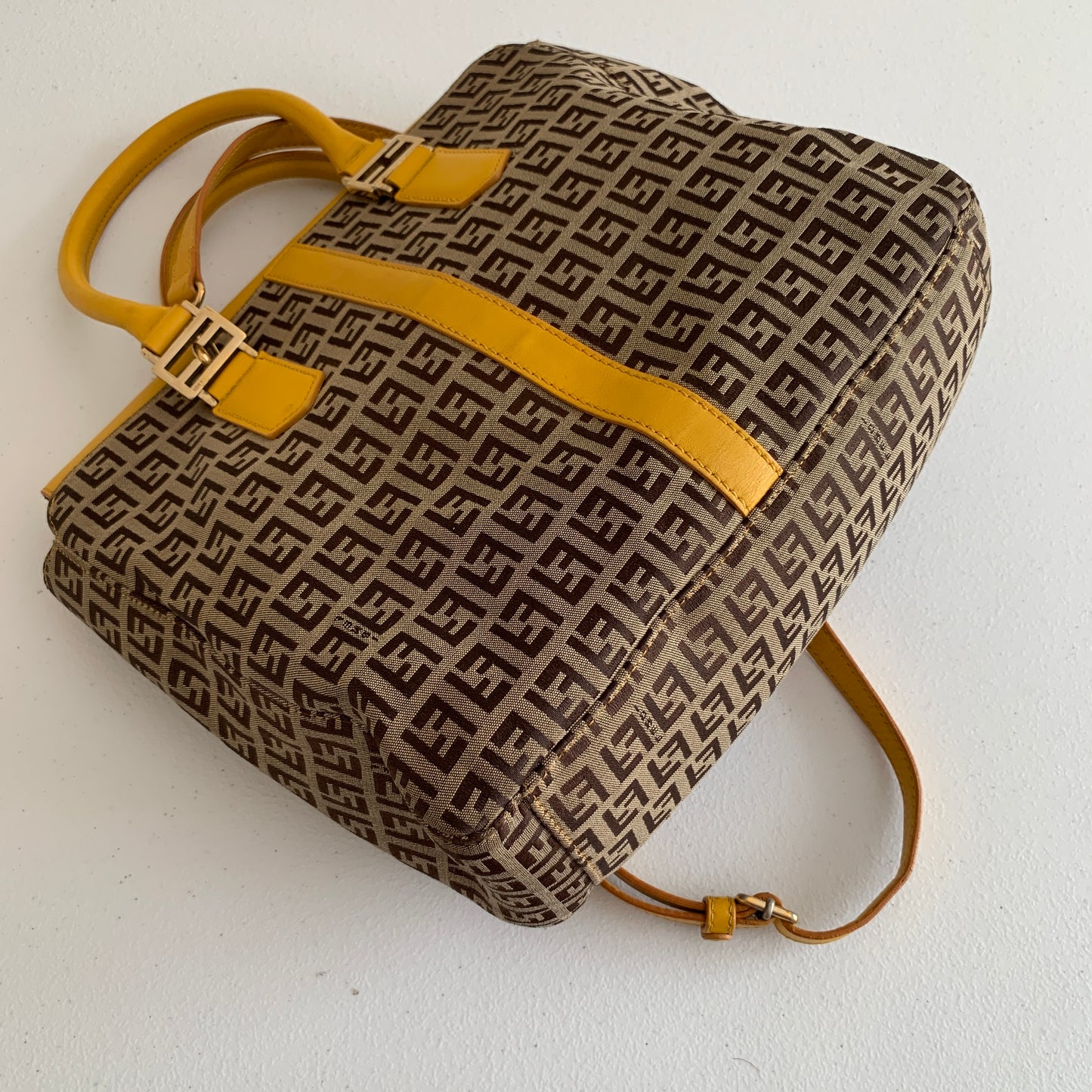Fendi zucchini monogram canvas and yellow leather bag Authentic with COA and cr