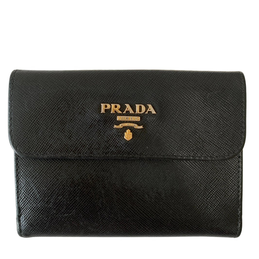Prada trifold compact black saffiano leather Wallet Authentic with COA