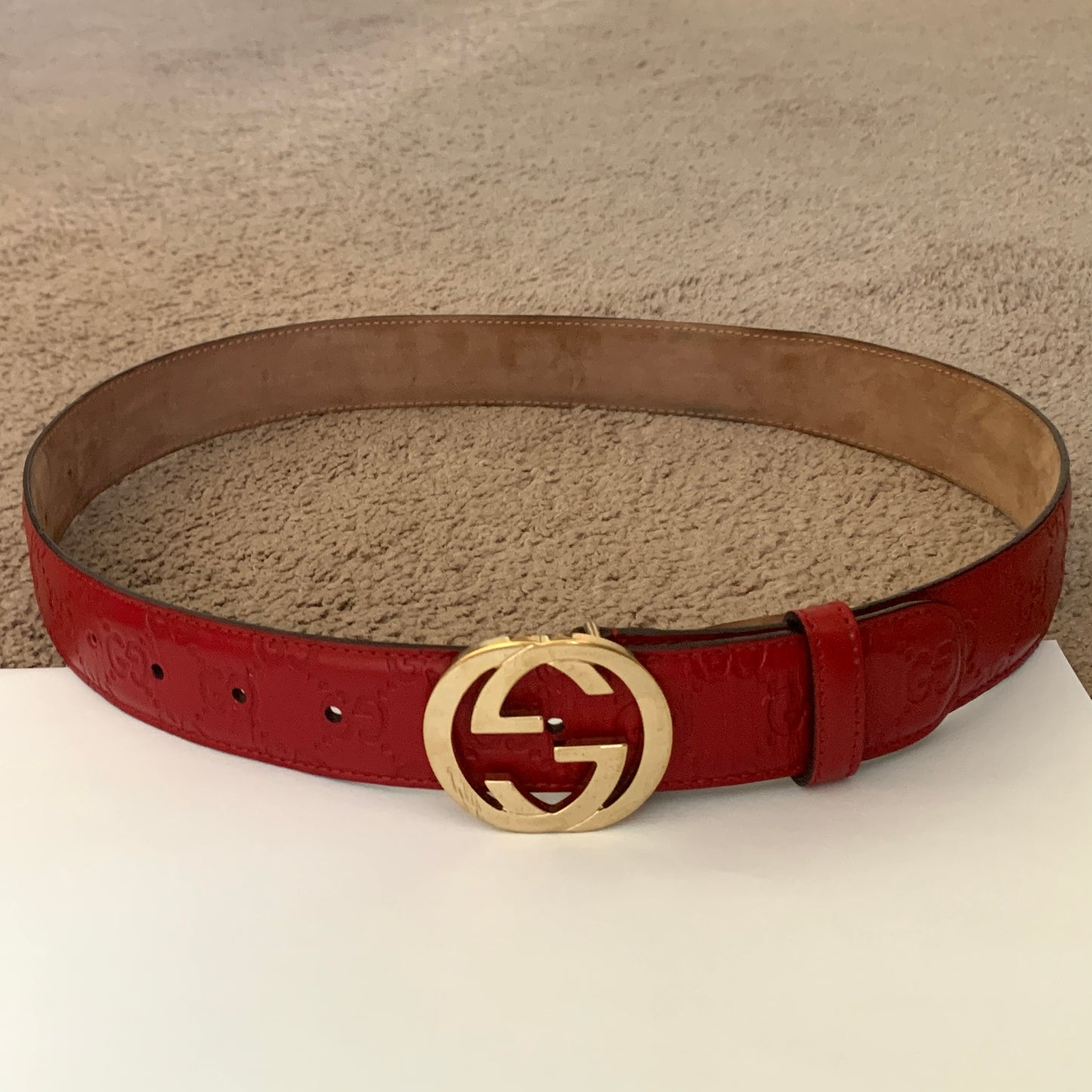 Authentic Gucci women’s red GG monogram leather belt