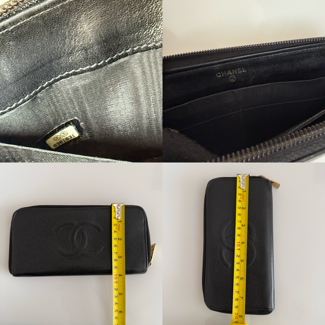 Chanel CC caviar black leather long zip around wallet authentic with COA gold tone hardwear