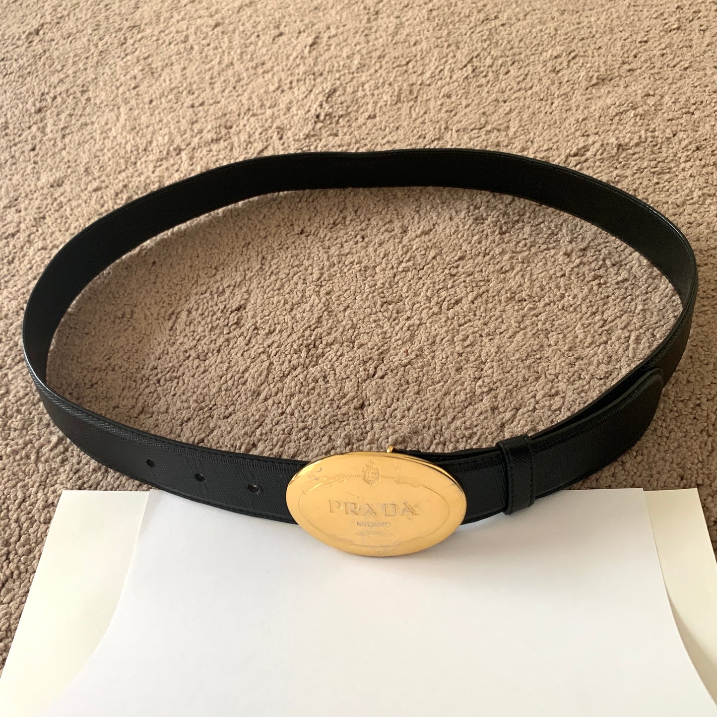 Authentic Prada unisex logo buckle saffiano black leather belt