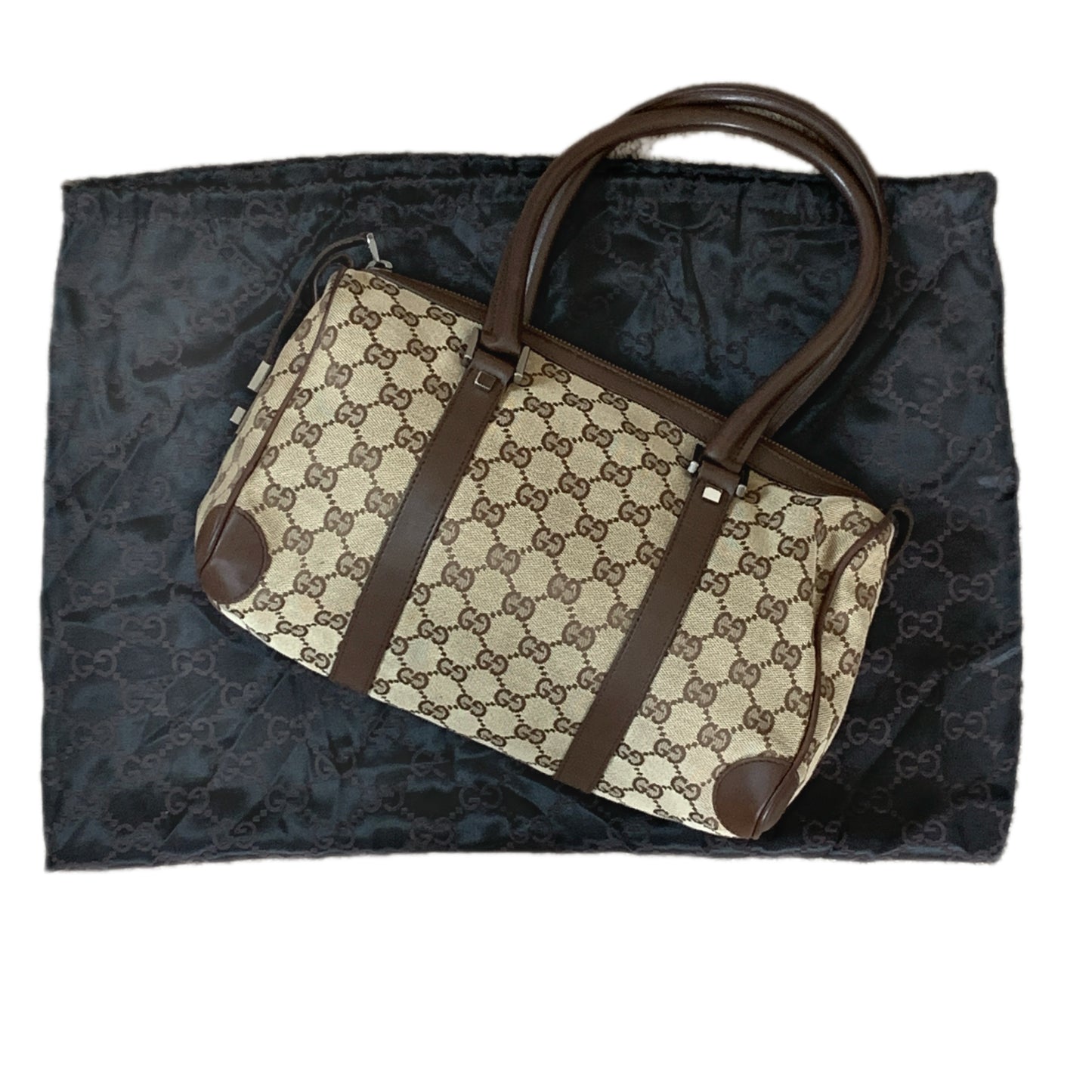 Gucci monogram canvas and brown leather Boston bag authentic with COA and dust