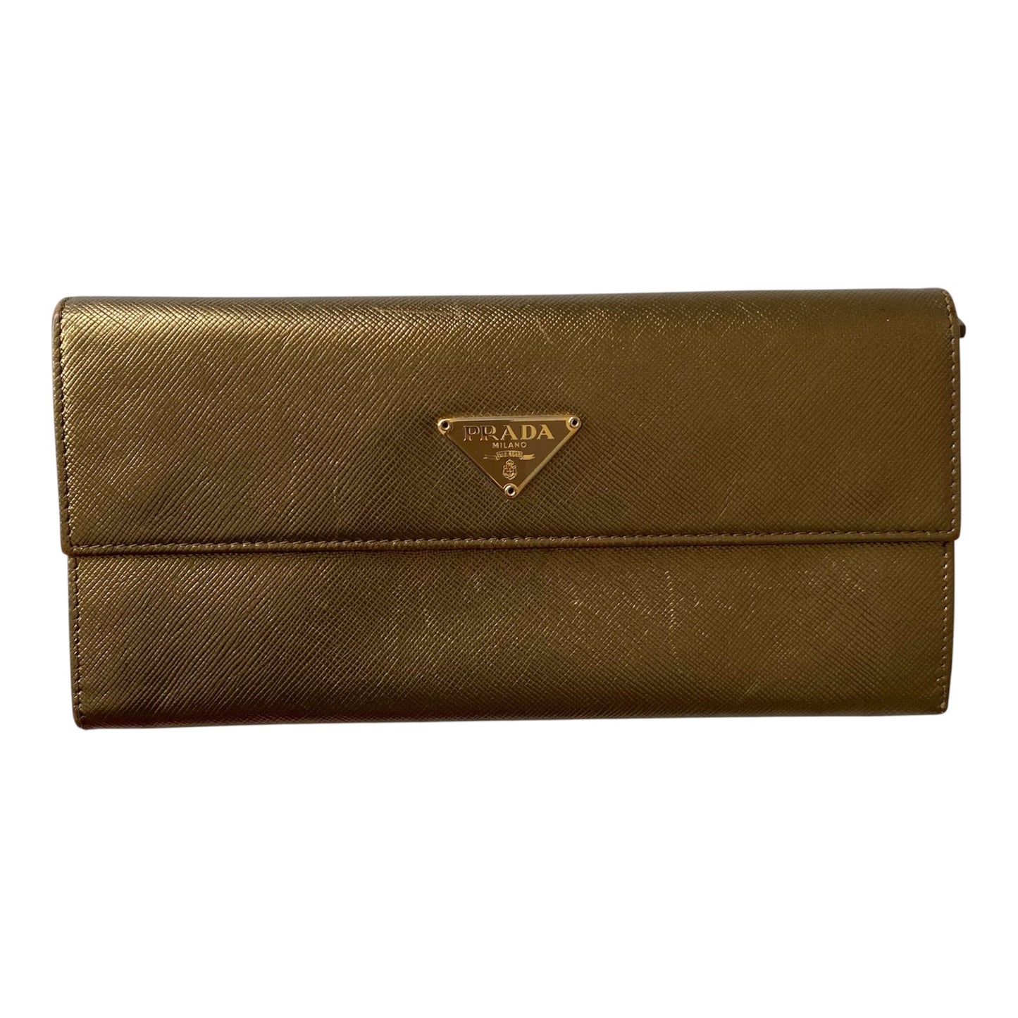 PRADA gold triangle logo saffiano leather long wallet Authentic with COA