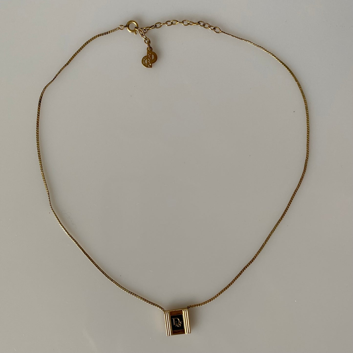 Dior logo gold plated square pendant adjustable necklace Authentic with COA