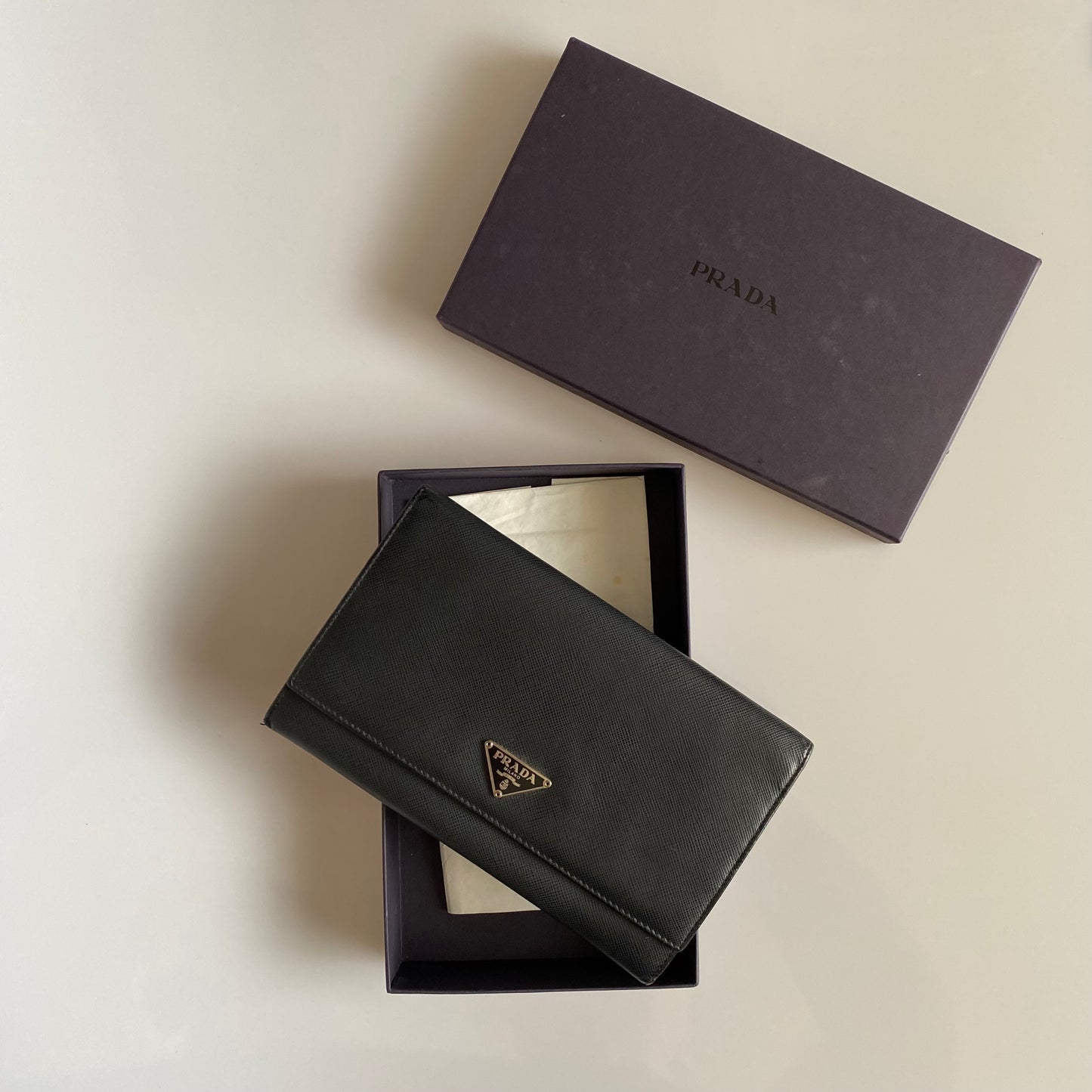 PRADA black saffiano leather triangle logo long wallet authentic with coa box