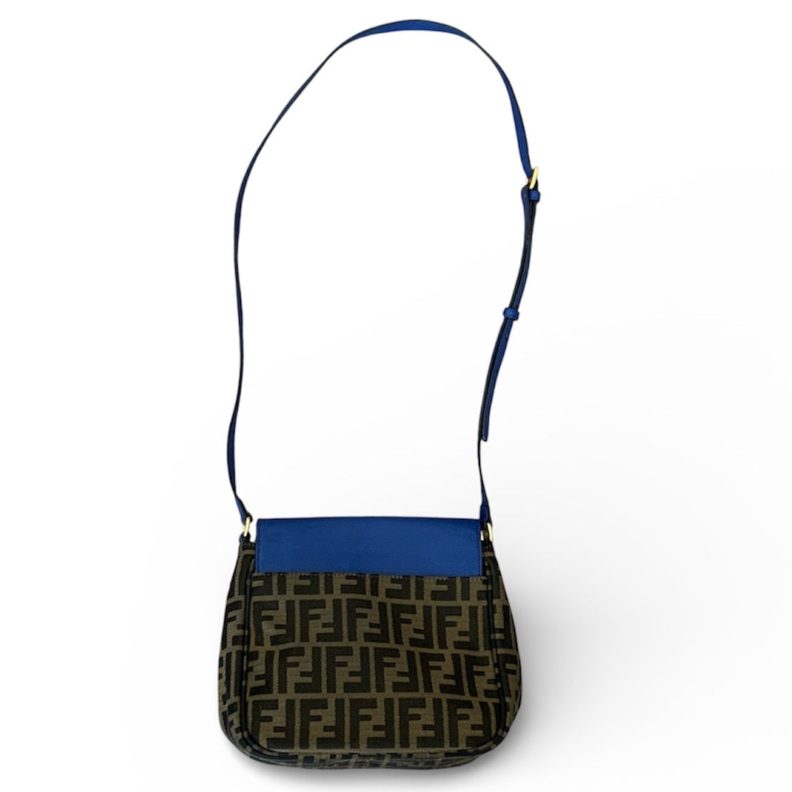 Fendi zucca monogram canvas and blue leather crossbody bag authentic with COA
