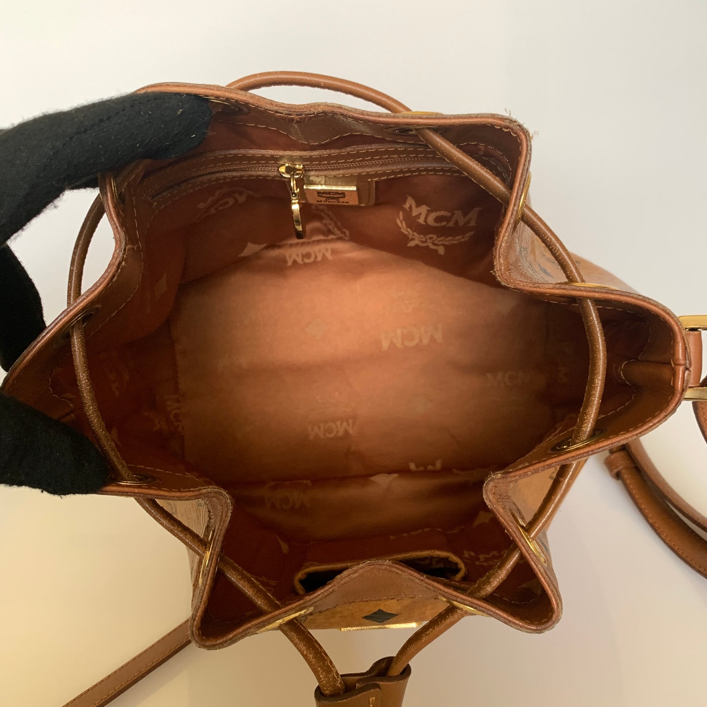 MCM cognac bucket crossbody bag Authentic with COA