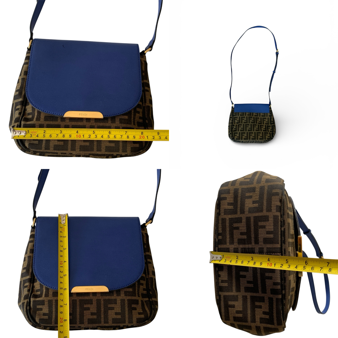 Fendi zucca monogram canvas and blue leather crossbody bag authentic with COA